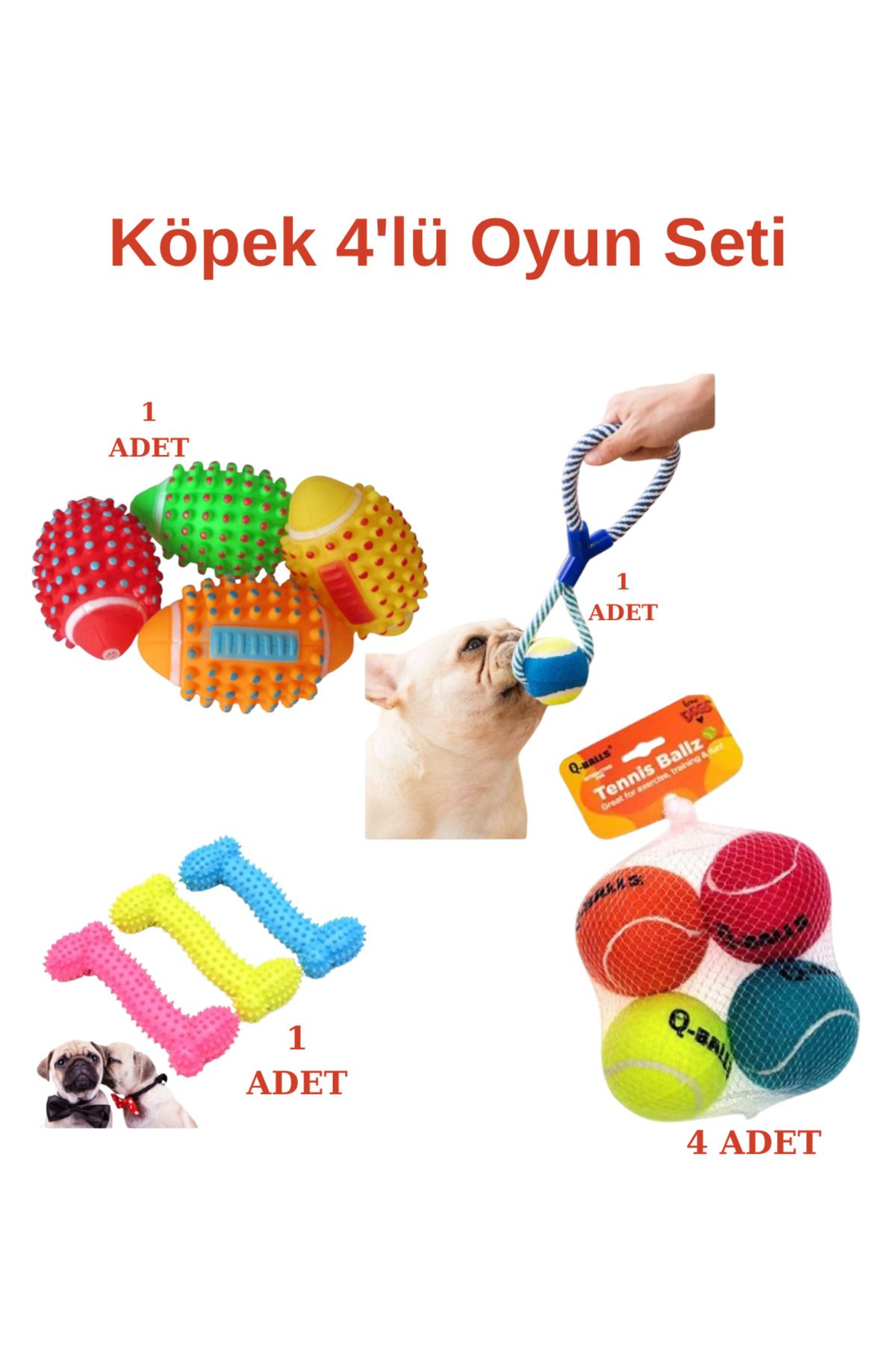 Home Köpek Oyun Seti 4 Parça- Halatlı Çiğneme Topu-Sesli Diş Kaşıma Topu- 4Top-Kemik Diş Kaşıma Oyuncak