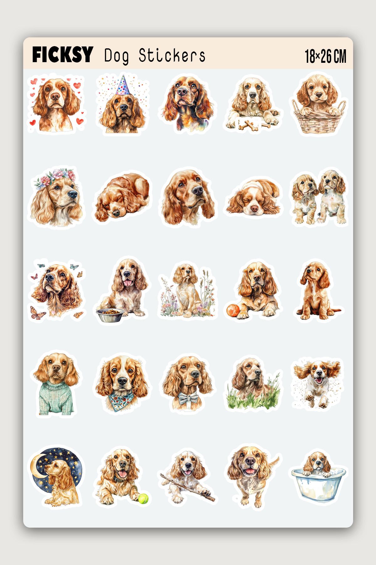 Ficksy Cocker Spaniel Köpek Sticker Seti - 25 Adet Etiket Çıkartma