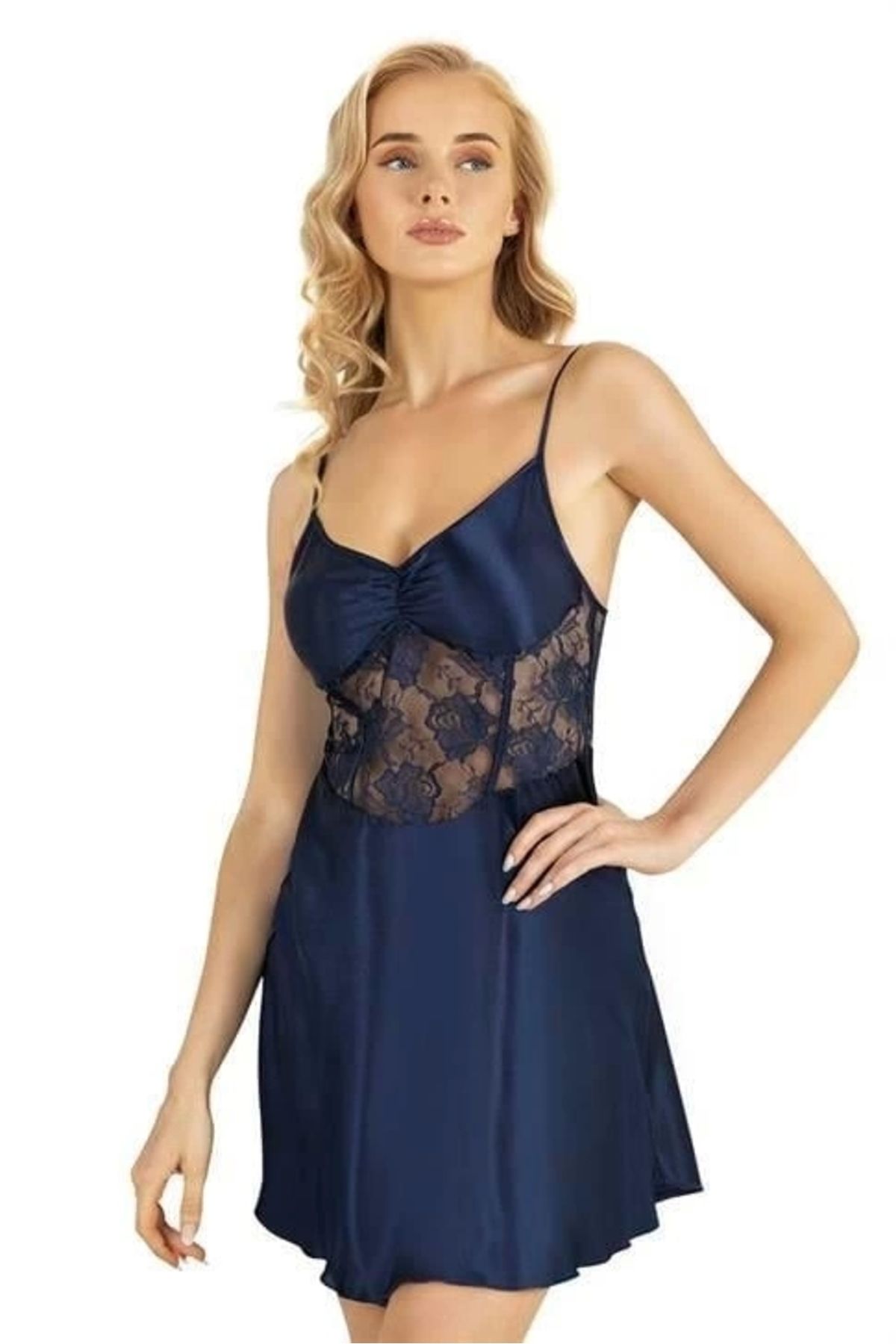 GiyimCity Miss Lacivert Kısa Saten Gecelik 8239