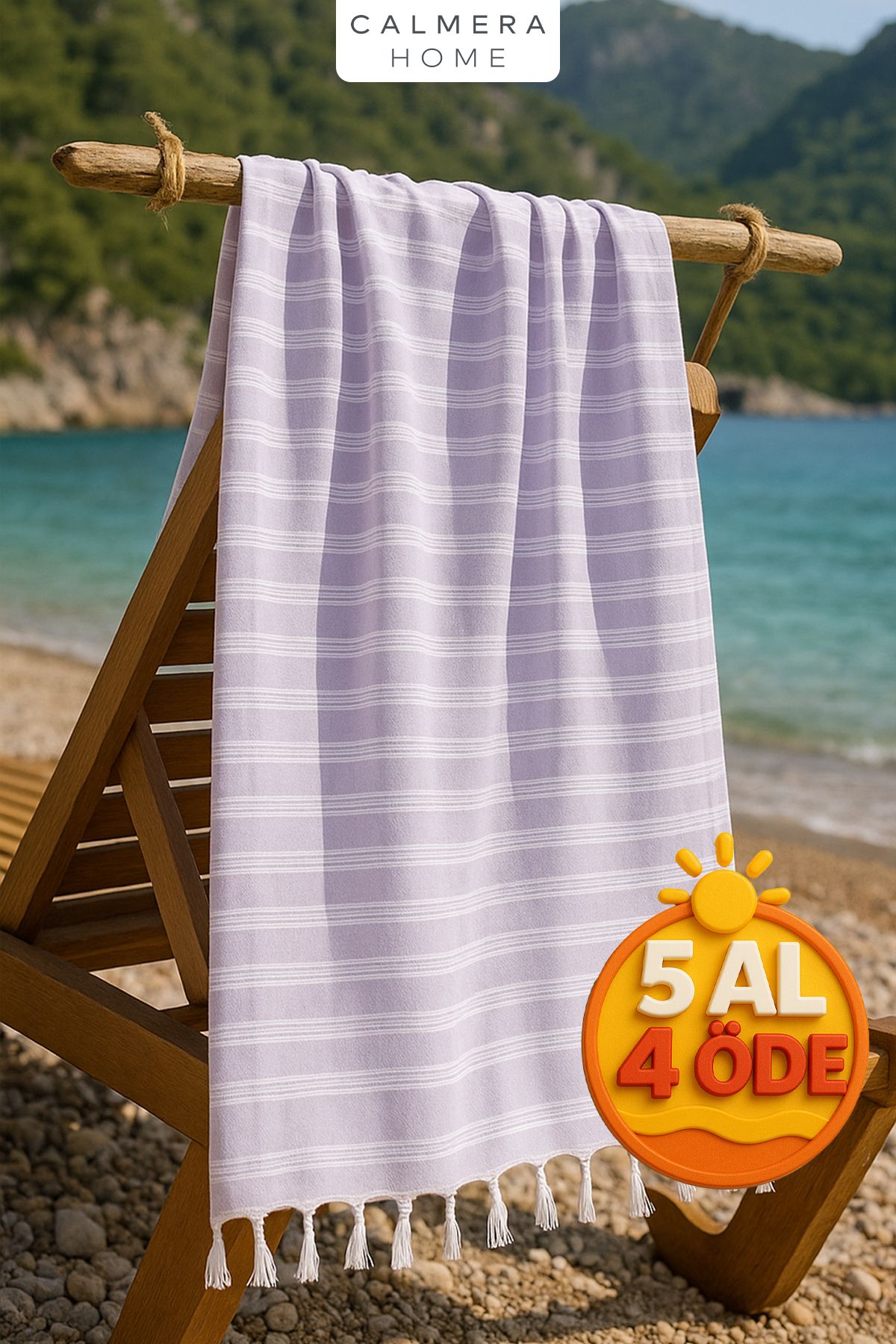 Calmera Linea Peştemal | İnce - Doğal Saçaklı | Plaj, Deniz, Havuz, Yoga, Spor, Seyahat Havlusu - Lila