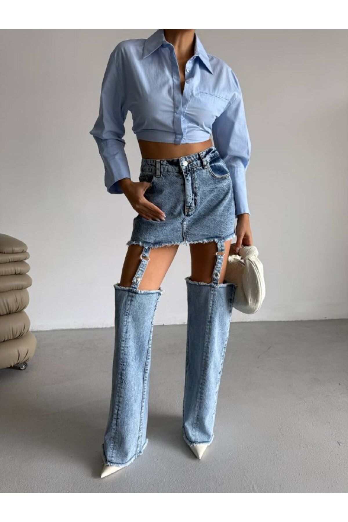 369 etnik butik etekli pantolon denim bağlantı şeritli detay