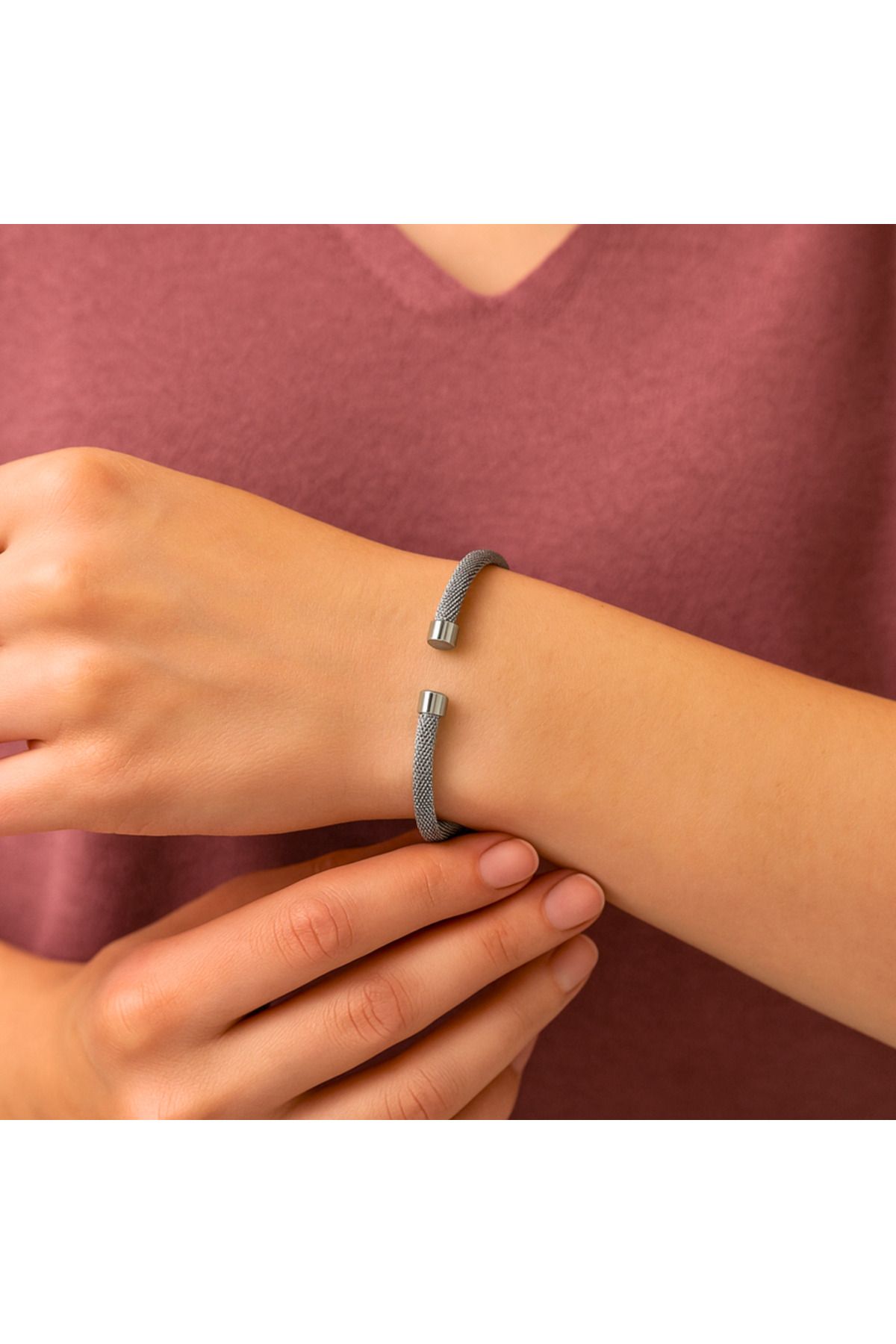 AYZENA Tasarım Model Silver Renk Unisex Çelik Kelepçe Bileklik