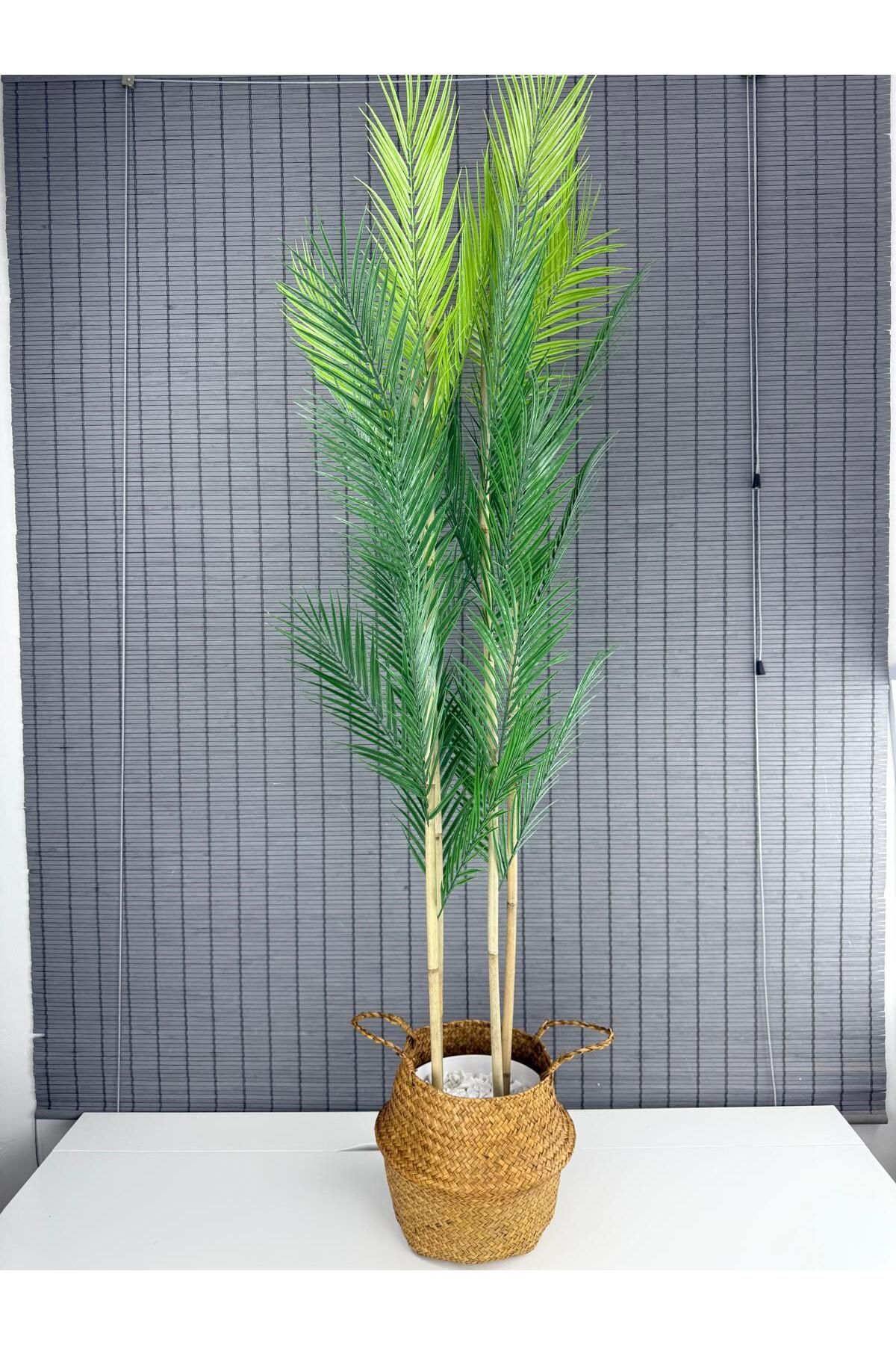 Bahçem Dekoratif Yapay Yapraklı Natural Hasır Bambu Sepetli Areka Palmiye Ağacı 4 Gövde 150cm