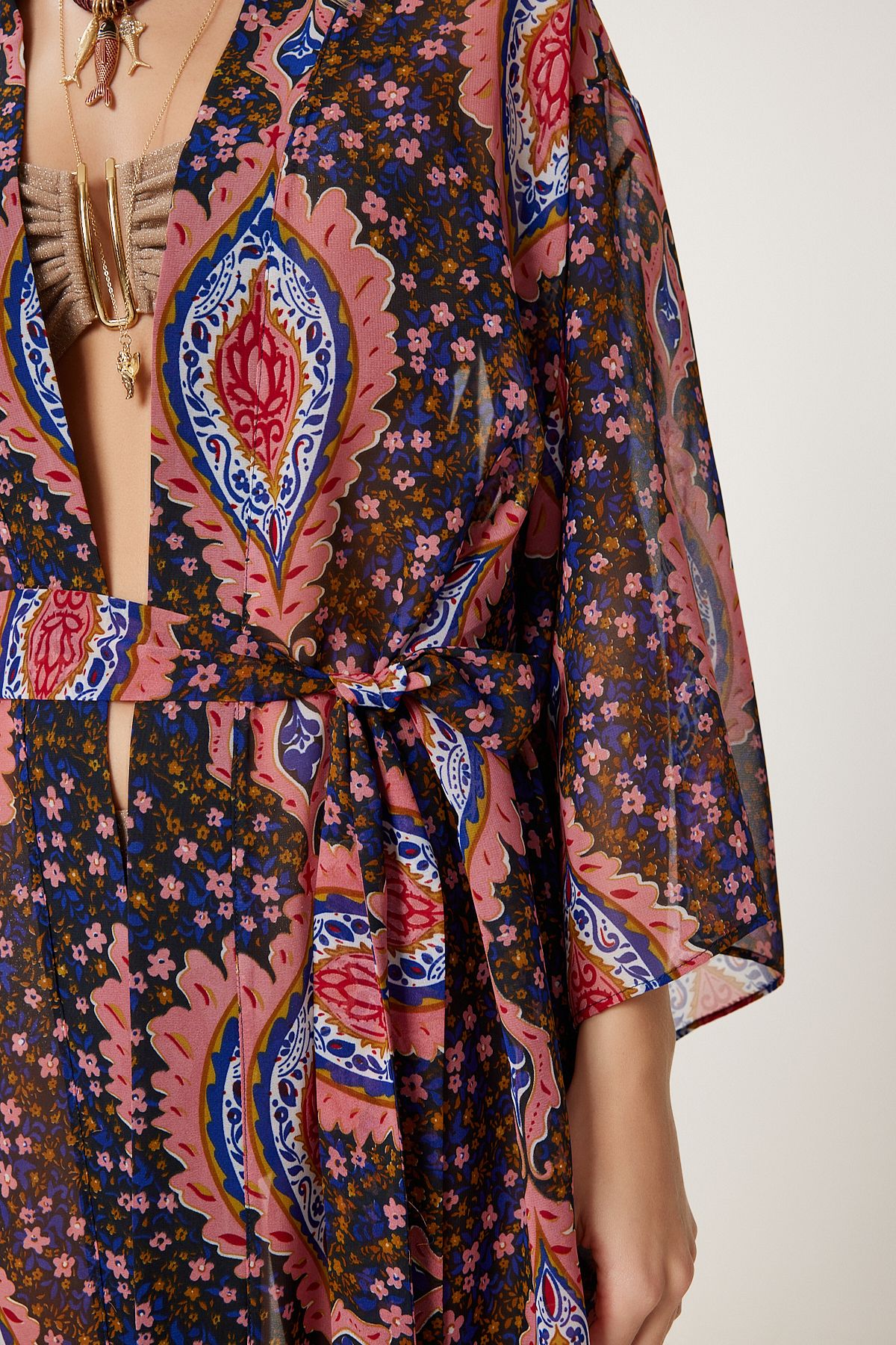 Kadın Gül Kurusu Siyah Desenli Kuşaklı Şifon Kimono FG00022