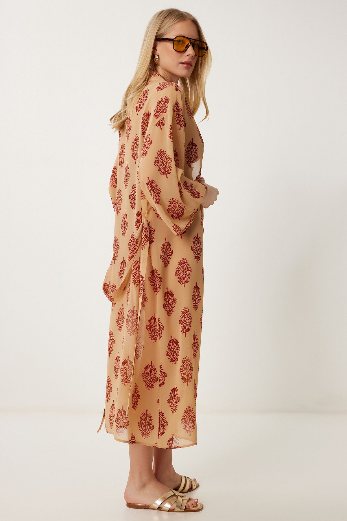 Kadın Karamel Desenli Kuşaklı Şifon Kimono FG00021