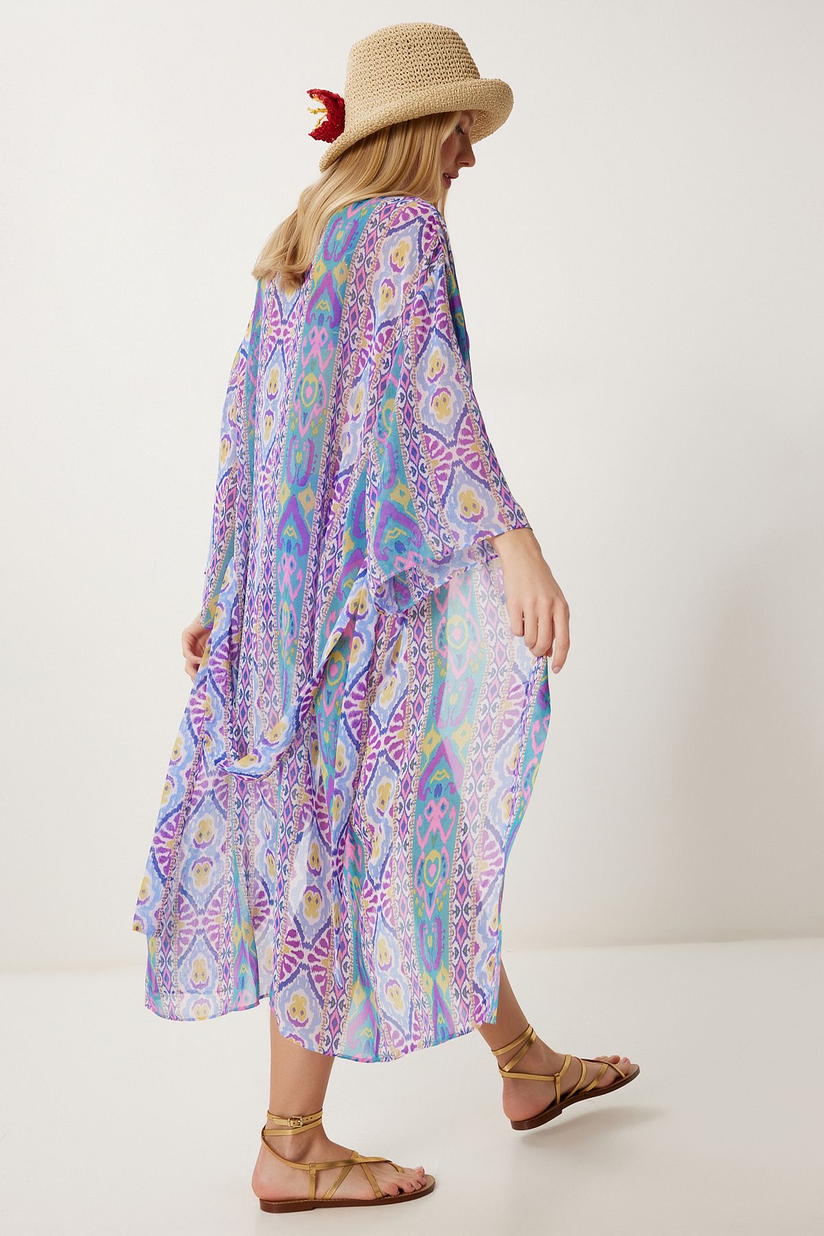 Happiness İstanbul Kadın Mor Yeşil Desenli Kuşaklı Şifon Kimono FG00022