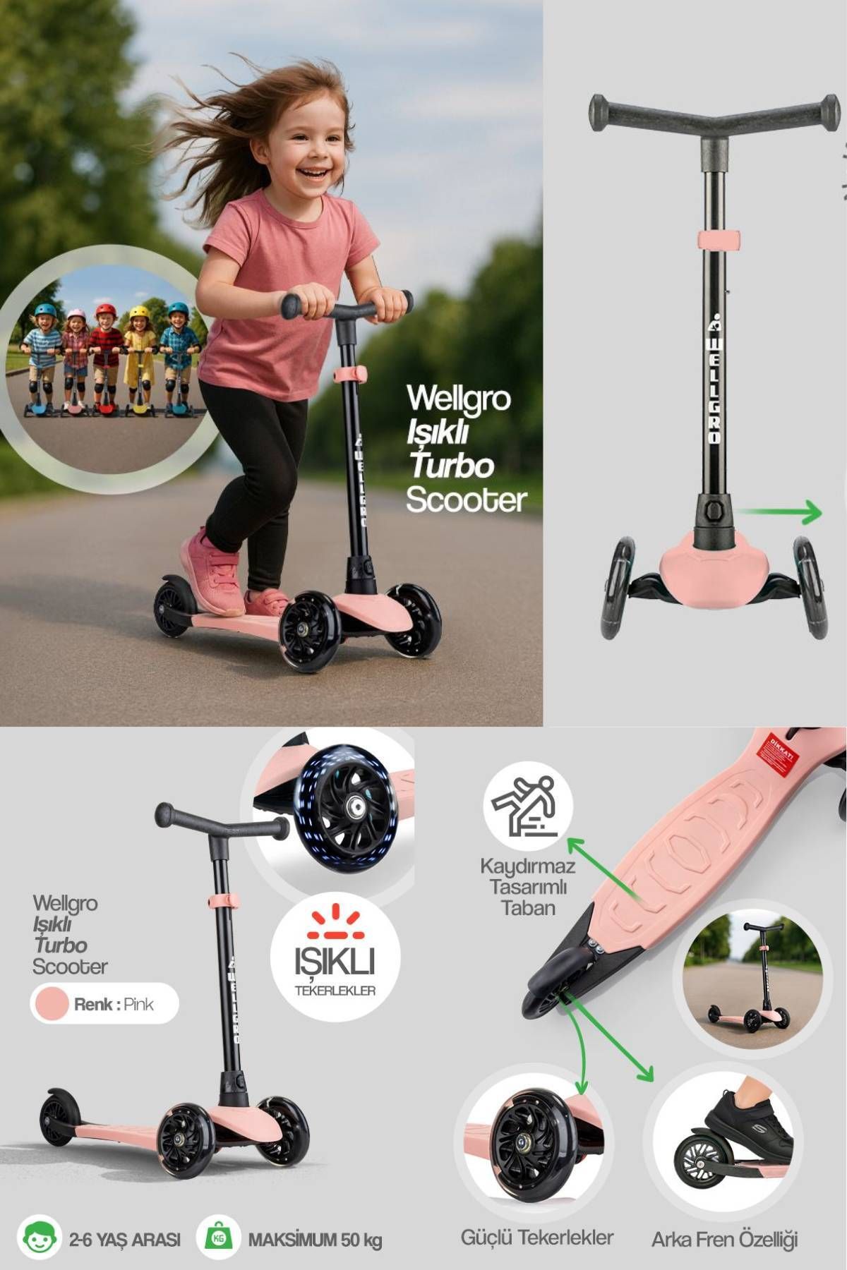 Işıklı Scooter, Ayarlanabilir yükseklik, Ön Tekerleri Işıklı Çocuk Scooter, Pembe
