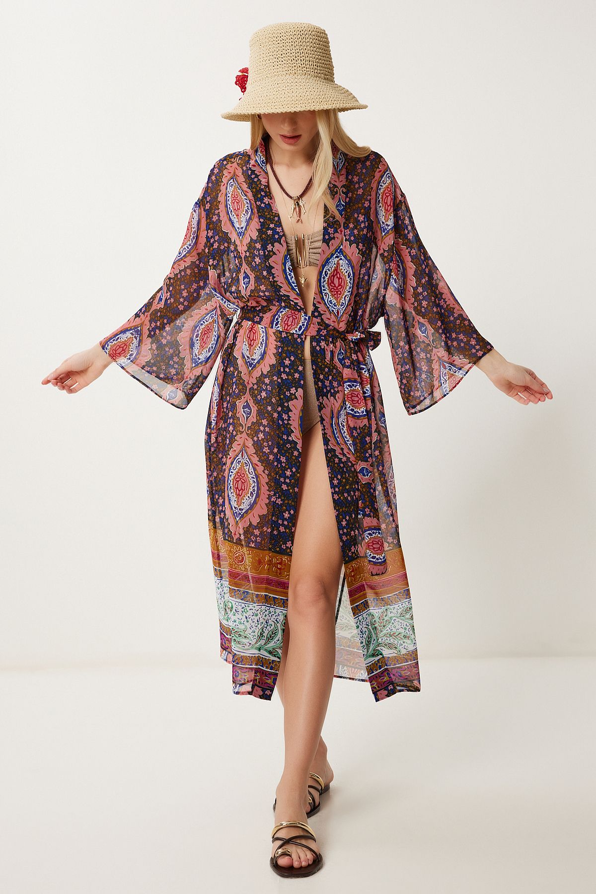 Kadın Gül Kurusu Siyah Desenli Kuşaklı Şifon Kimono FG00022