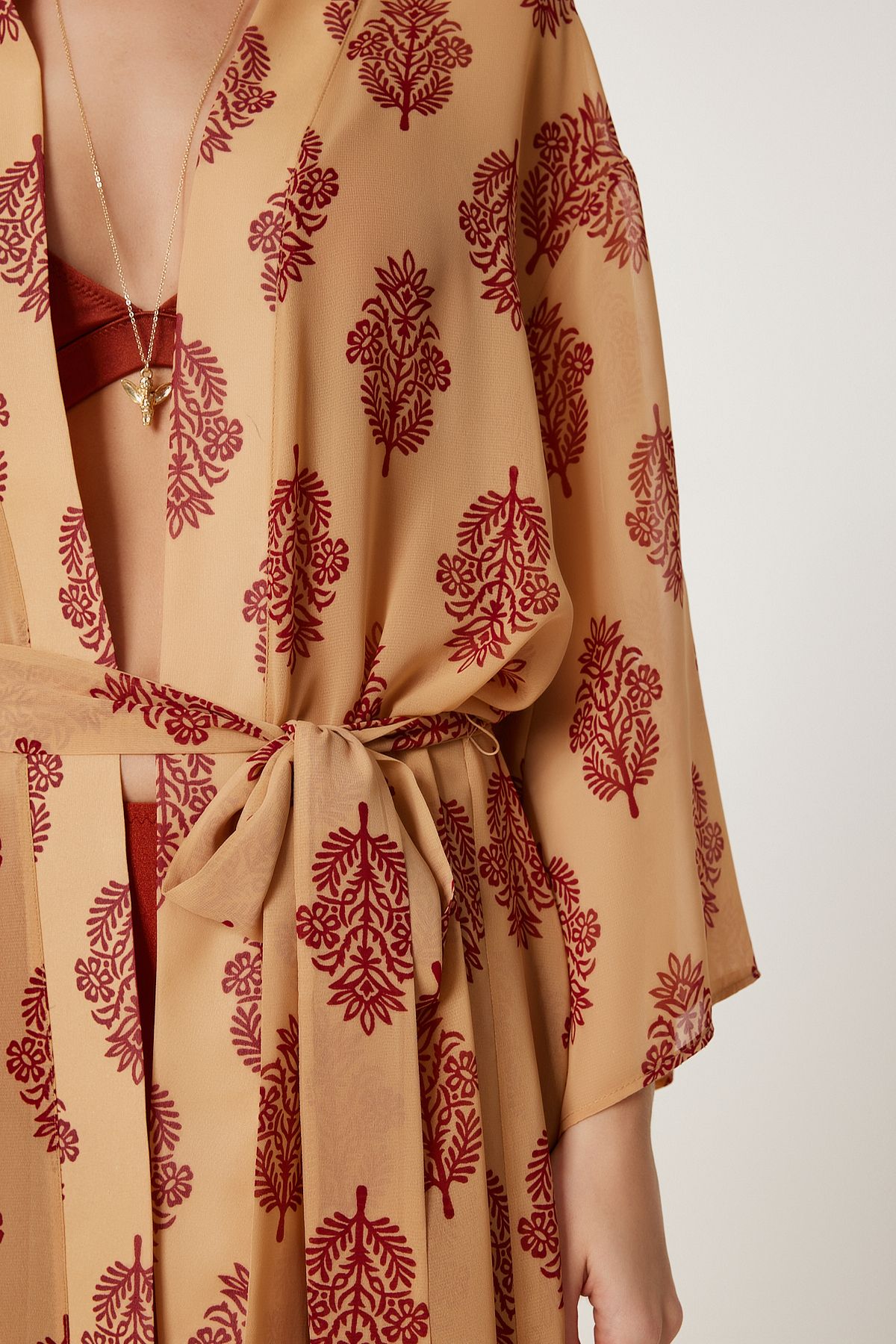 Kadın Karamel Desenli Kuşaklı Şifon Kimono FG00021