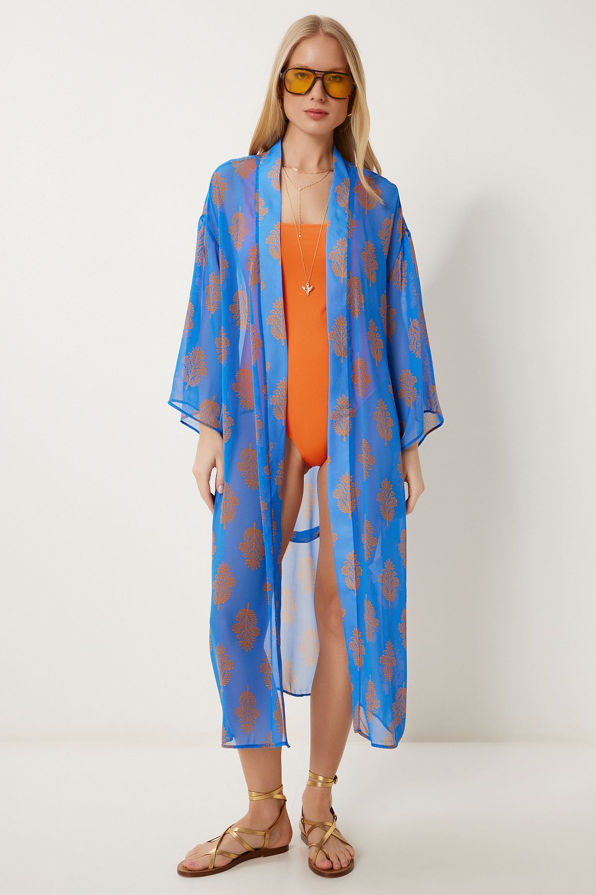 Kadın Koyu Mavi Desenli Kuşaklı Şifon Kimono FG00021