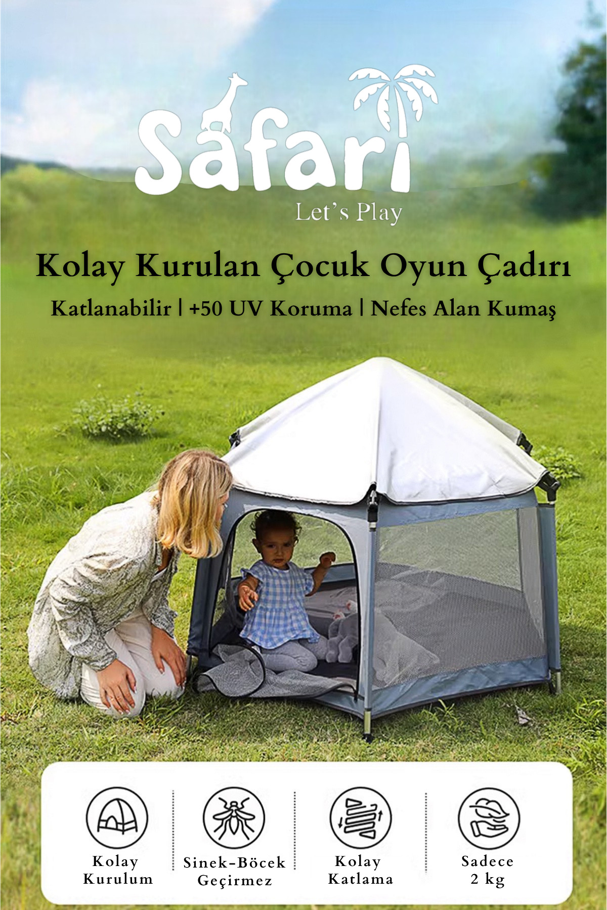 Kiwi Safari Çocuk-Bebek Oyun Parkı-Çadırı +50 UV Korumalı, Kolay Kurulum, Alüminyum Sağlam Gövde fotoğrafı 5 (önizleme)