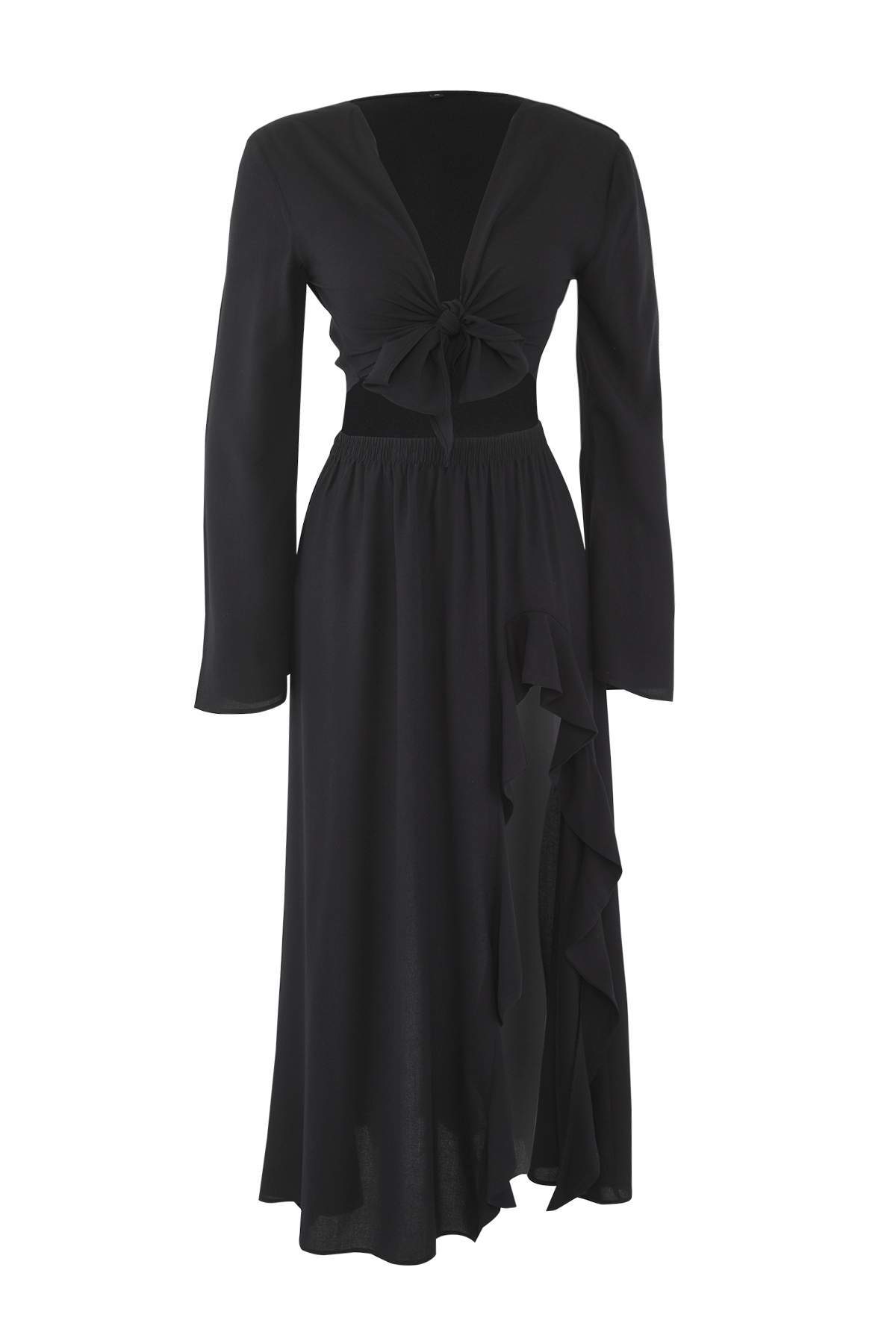 Trendyolmilla  Siyah Dokuma Yırtmaçlı Plaj Bluz-Etek Takım TBESS25AU00090 - Görsel 5