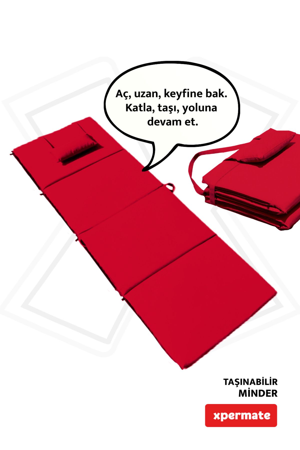 XPERMATE Kamp Yatağı Katlanır Şezlong Minderi Taşınabilir Kamp Matı Su Itici Kumaş 180x60x3 Kırmızı