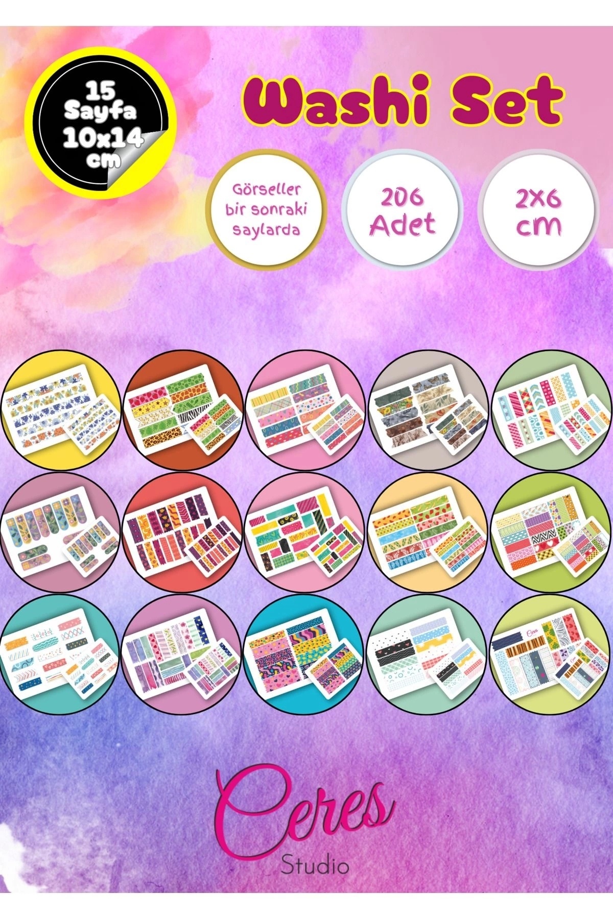Ceres Studio 15 Sayfa 206 Adet Washi Tape Etiket Sticker Set (9x13cm 15 ...