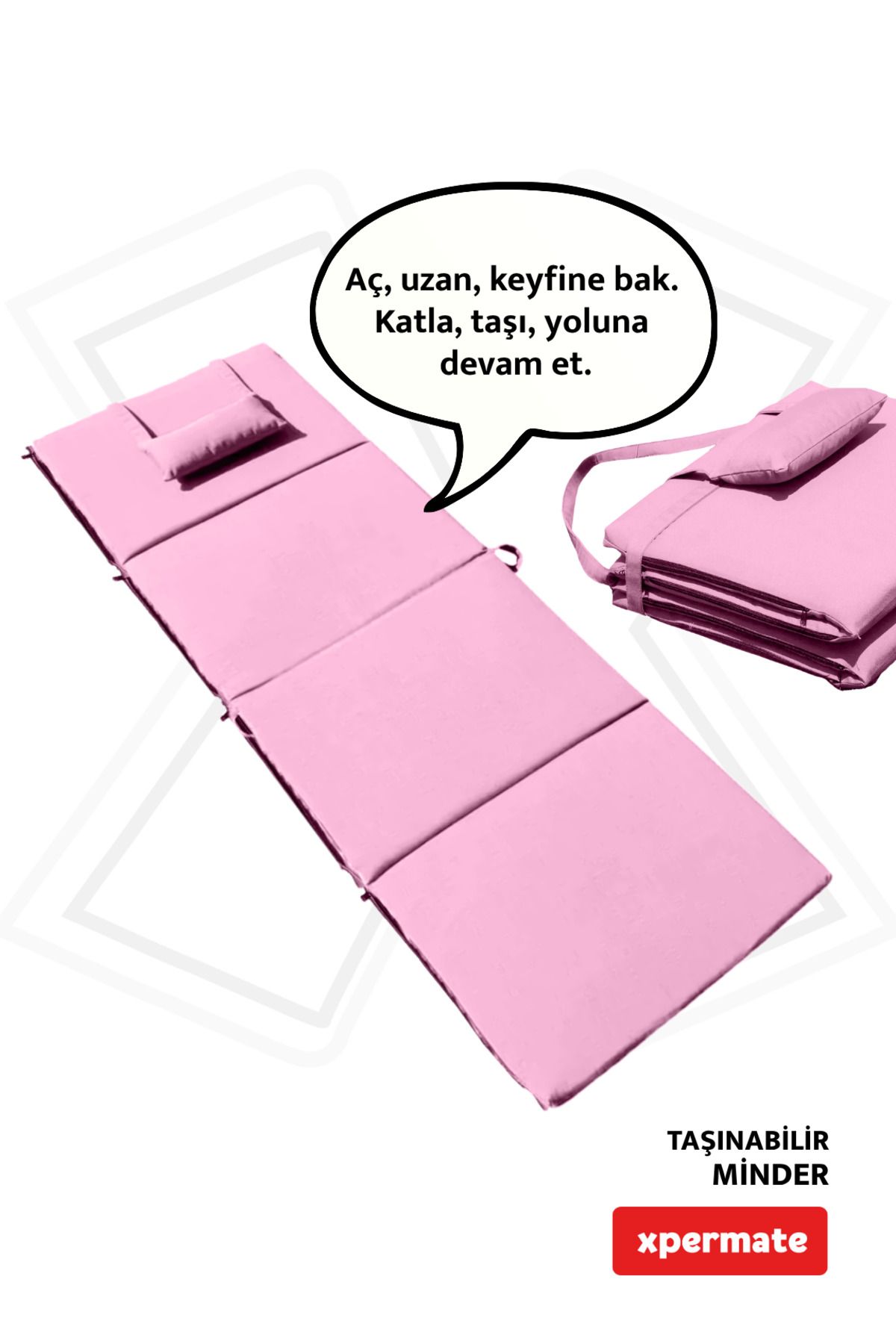 XPERMATE Kamp Yatağı Katlanır Şezlong Minderi Taşınabilir Kamp Matı Su Itici Kumaş 180x60x2 Pembe