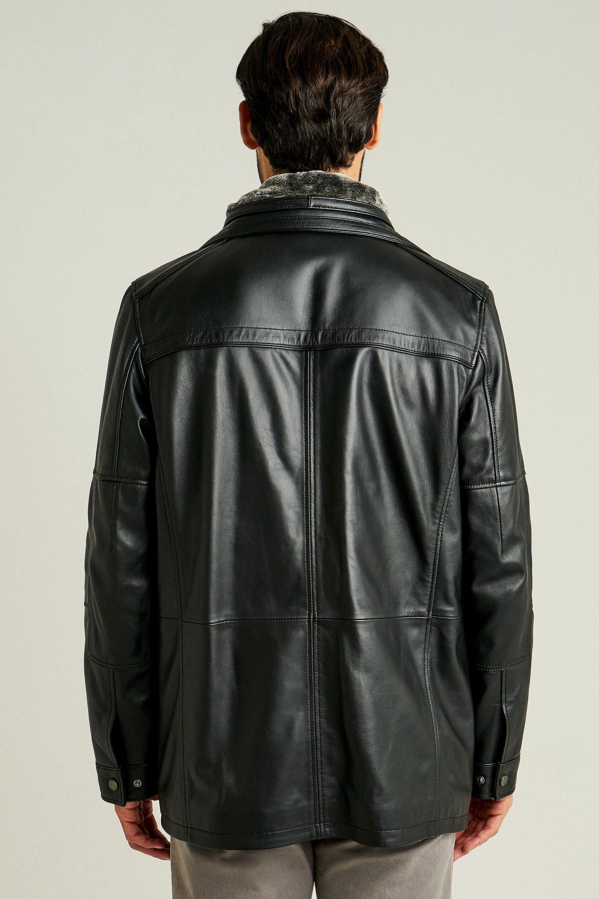 Derimod-Men's Black Furry Leather Coat - Double Collar, Eduardo 14wge61031m 4