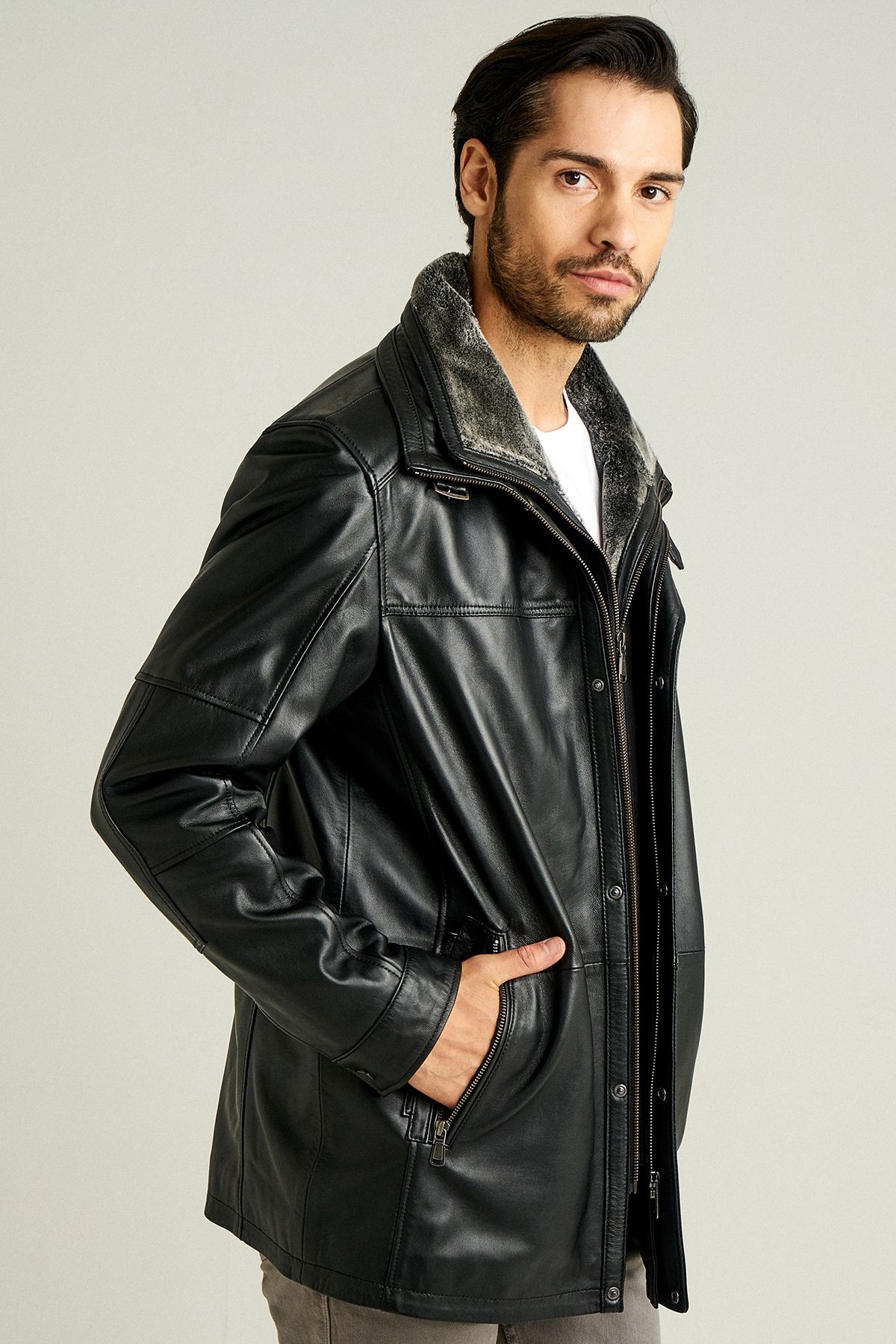Derimod-Men's Black Furry Leather Coat - Double Collar, Eduardo 14wge61031m 3