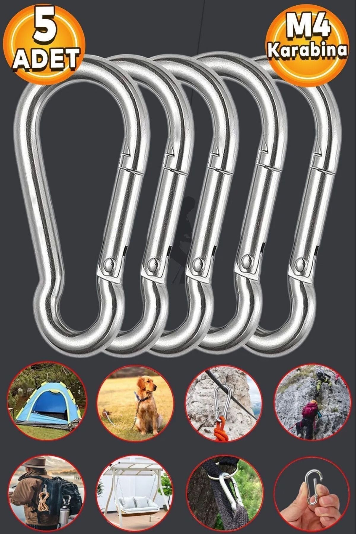 Mustang Karabina 4mm yaylı kanca çelik kilit olta dagcılık kamp malzemeleri salıncak anahtar askı 5 adet