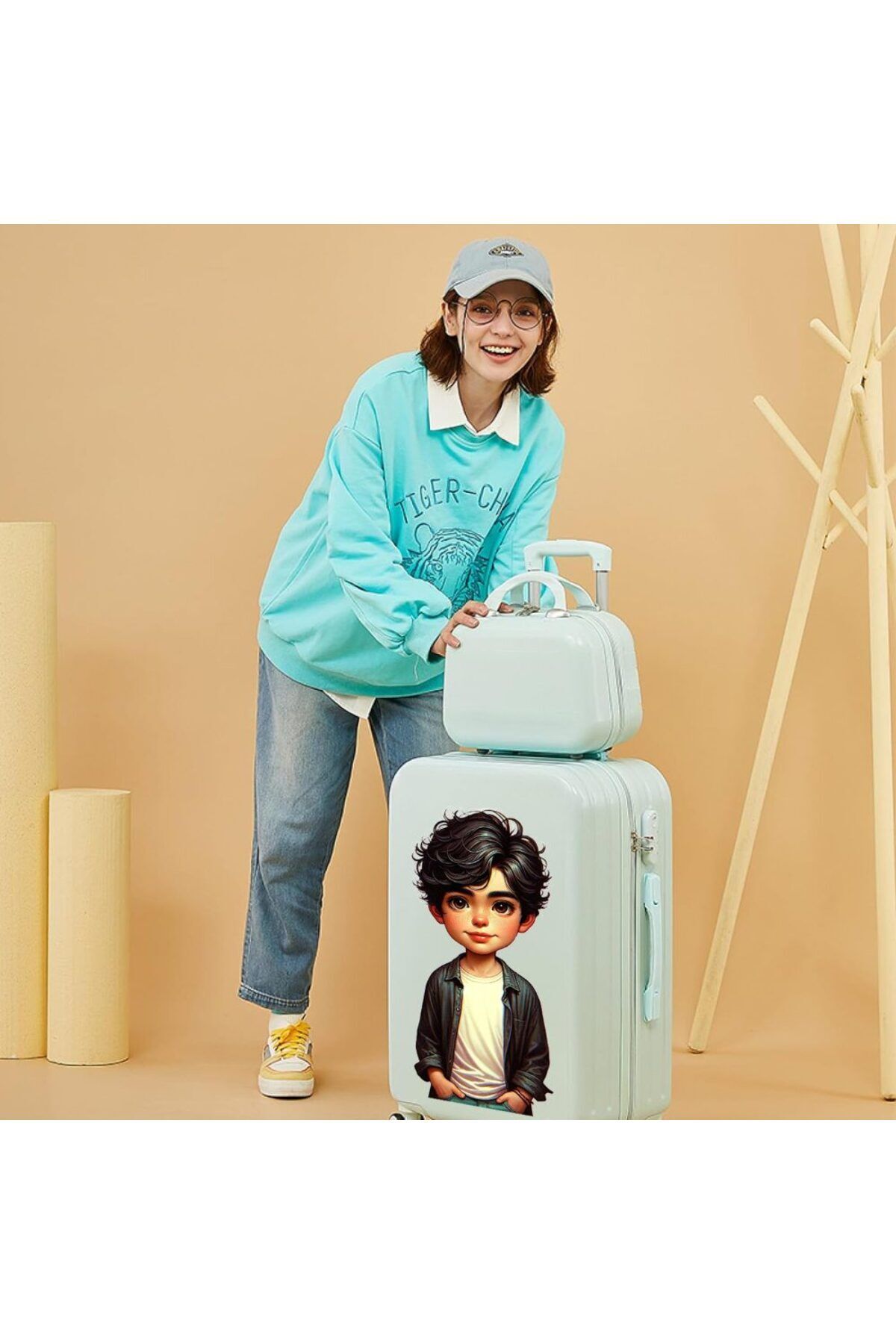 Quasar & Co.-Cabin Trolley Set With Bag, Luca Model, Trolley With Lock, 4 Wheels, Telescopic Handle, Light Blue 8