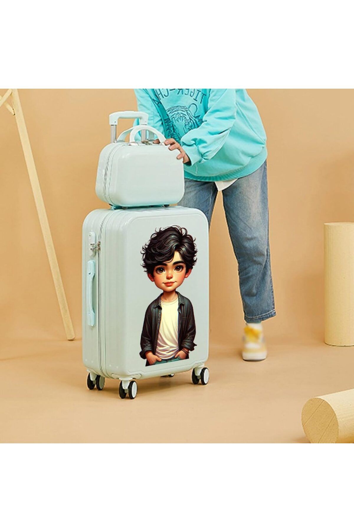 Quasar & Co.-Cabin Trolley Set With Bag, Luca Model, Trolley With Lock, 4 Wheels, Telescopic Handle, Light Blue 7