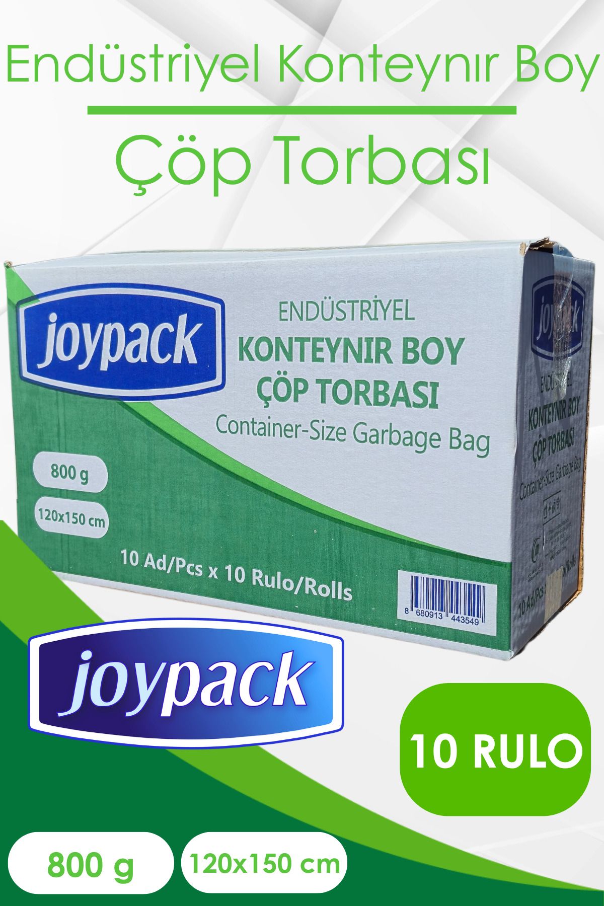 Joypack Endüstriyel Konteyner Çöp Torbası Rulo Başı 10 Adet, 10 Rulo - 800gr 120x150 Cm 240 Lt