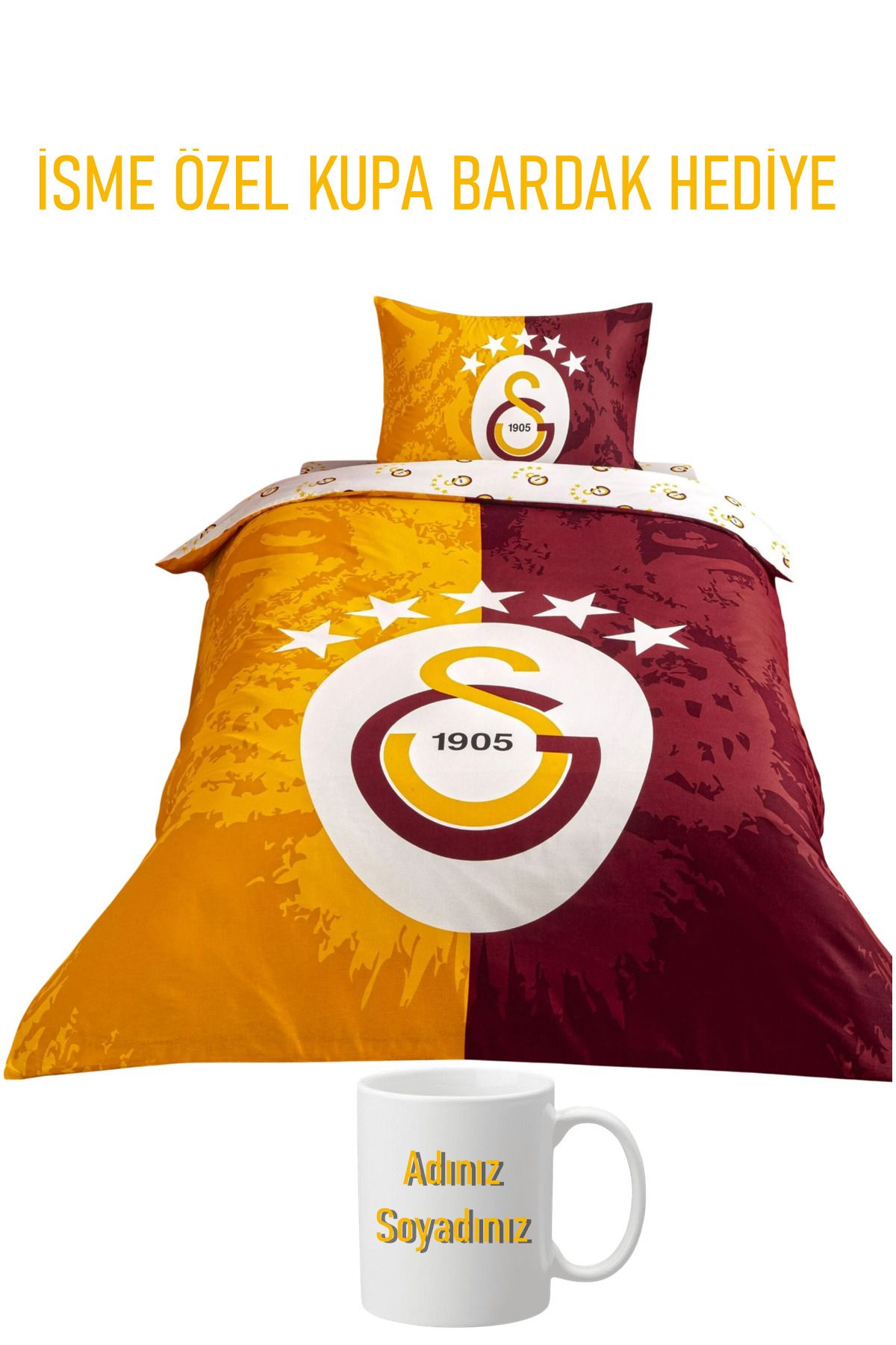 Taç Galatasaray 5 Yıldız Nevresim Takımı + İsme Özel Kupa Bardak Hediye