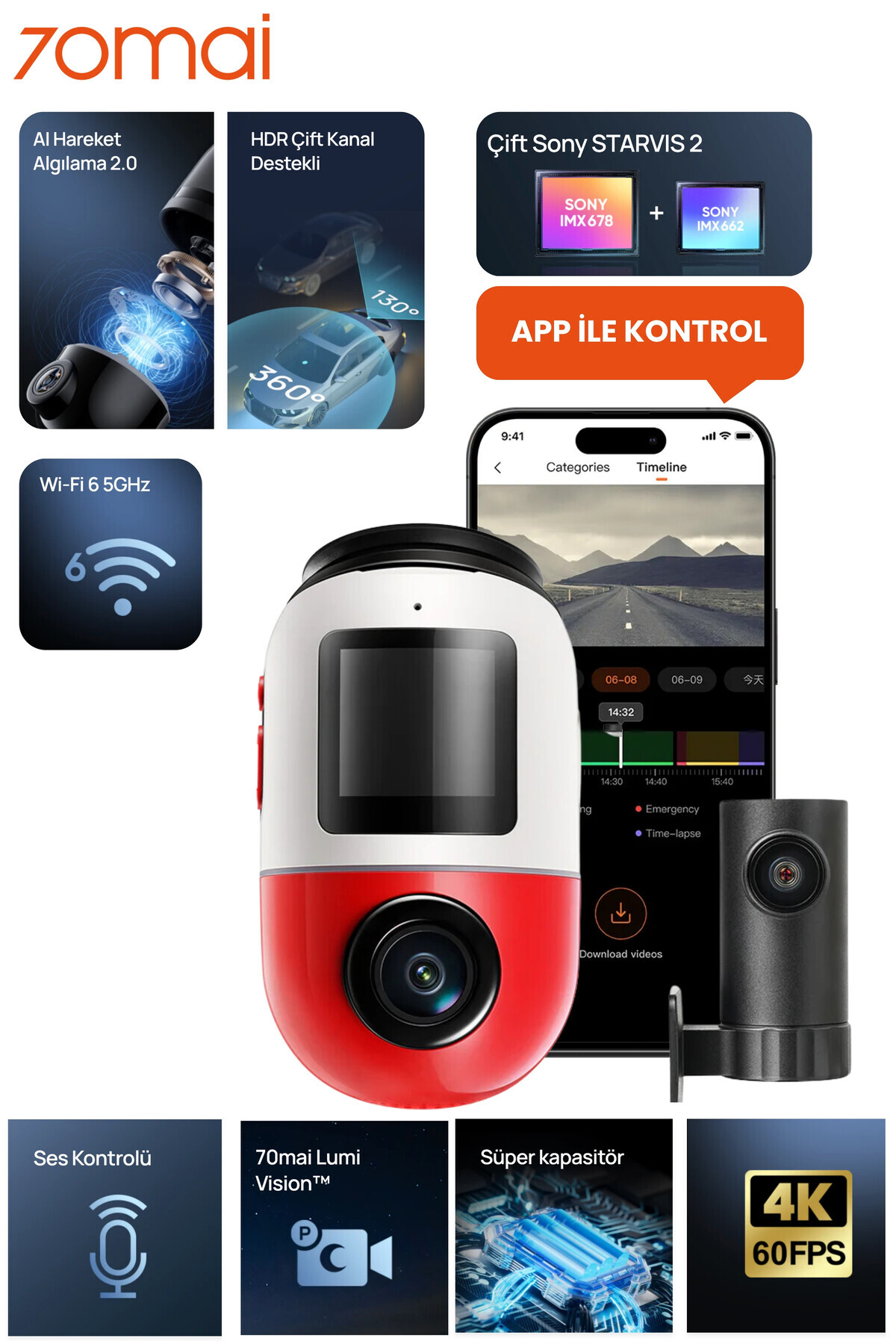 70MAİ 70mai Dash Cam Omni X800-2 4K Araç Kamerası, ve Arka Kamera RC14 ve 128 GB SD Kart Kırmızı