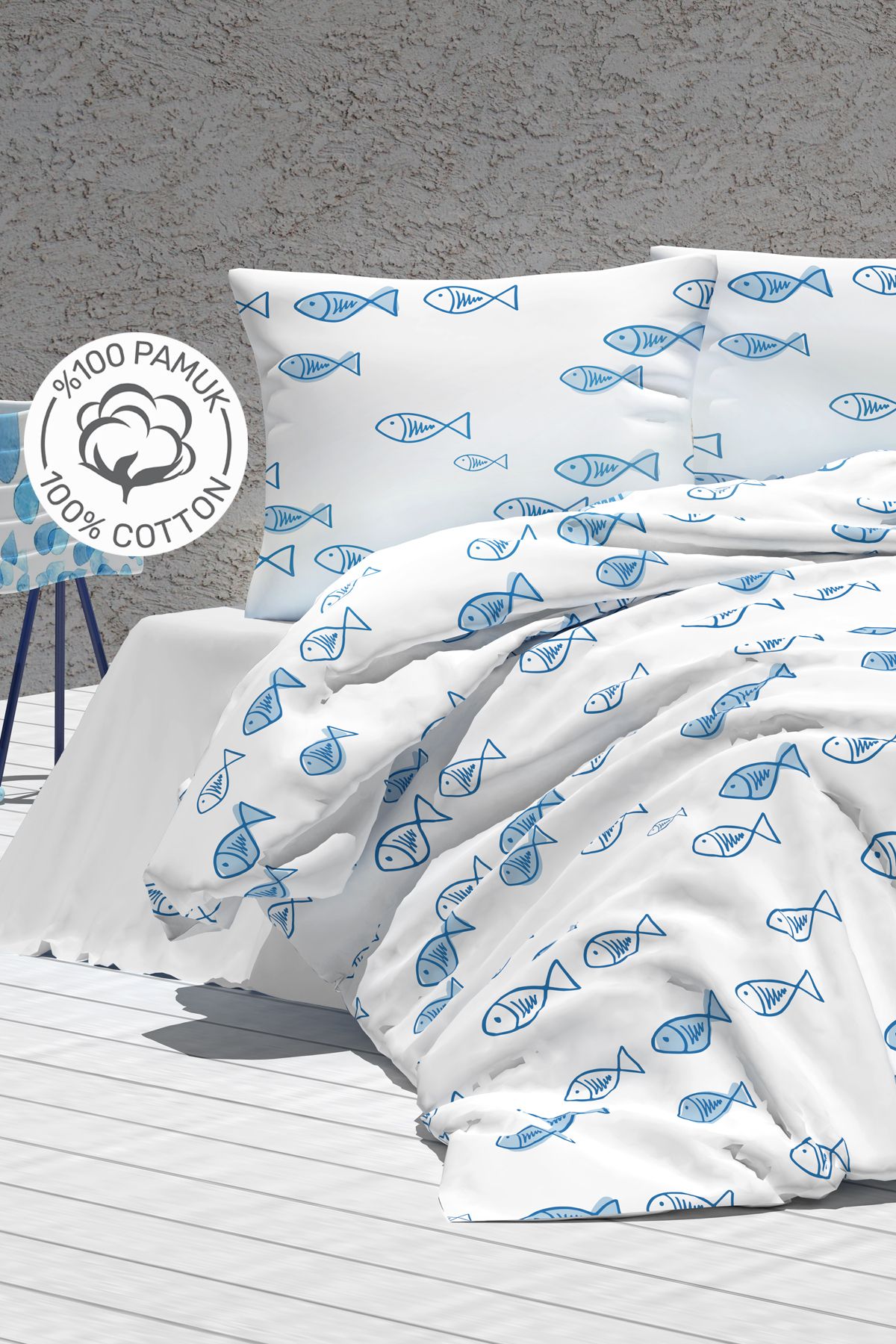 CND Ocean | Çift Kişilik Nevresim Seti | Beyaz - Mavi | %100 Pamuklu