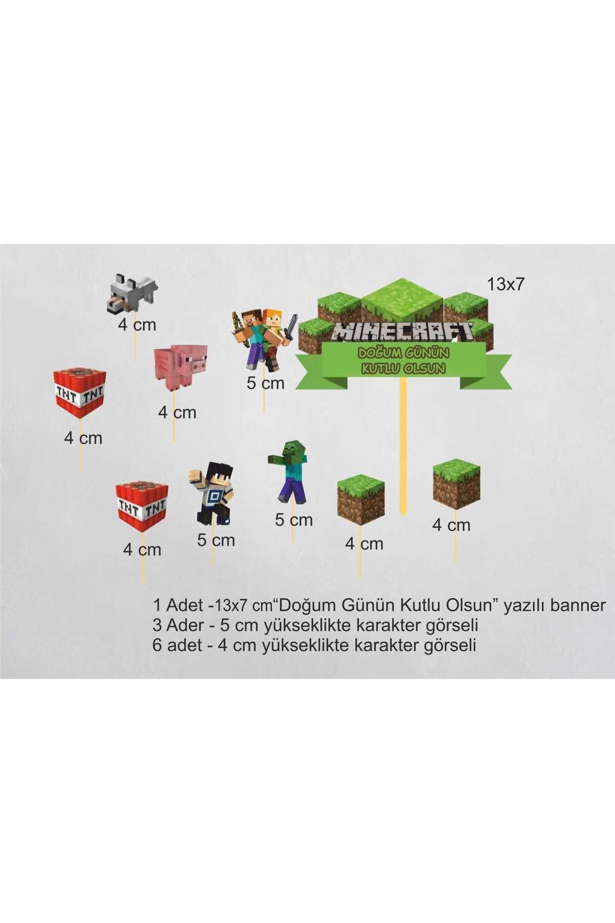 Atölye7Tasarım Minekraft (MİNE_CRAFT) 10 Adet Karakterli Doğum Günü Kürdanlı Cupcake Pasta Süsü Süsleme Kalın Kağı