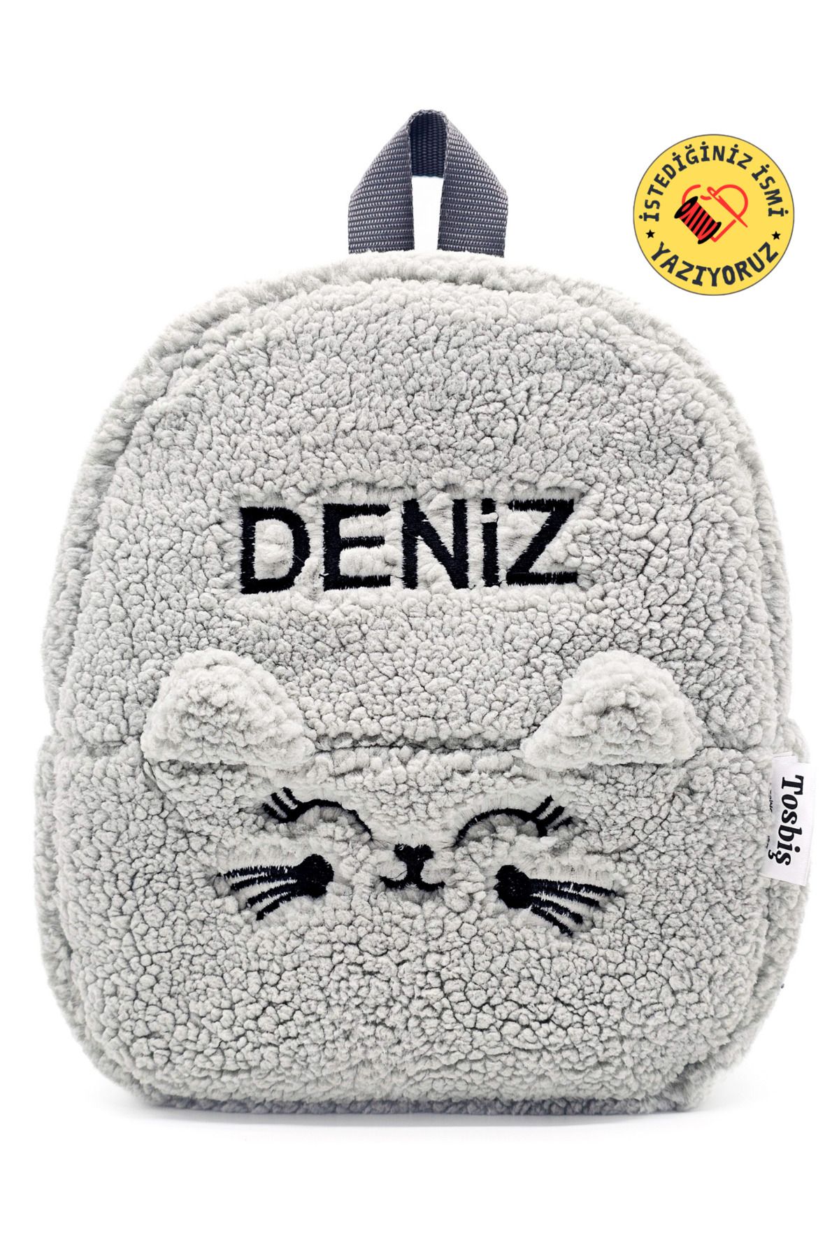 Tosbiş [ İSTEDİĞİNİZ İSMİ YAZIYORUZ ] Kedicik Gri (FİGÜR+İSİM) 0-8 Yaş Çocuk Sırt Çantası, Anaokulu -kreş