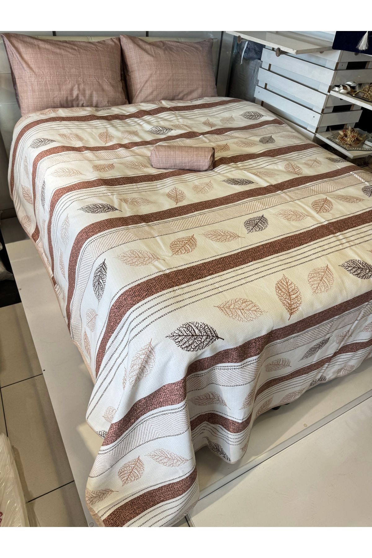 ŞENER HOME-Leaf Patterned Sheet with Elastic Double Pique Set 4