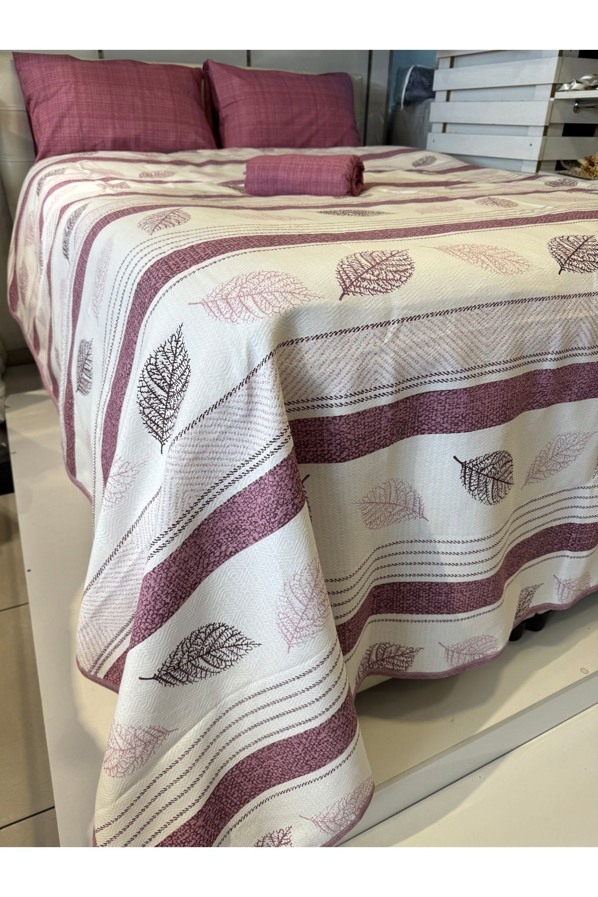 ŞENER HOME-Leaf Patterned Sheet with Elastic Double Pique Set 4