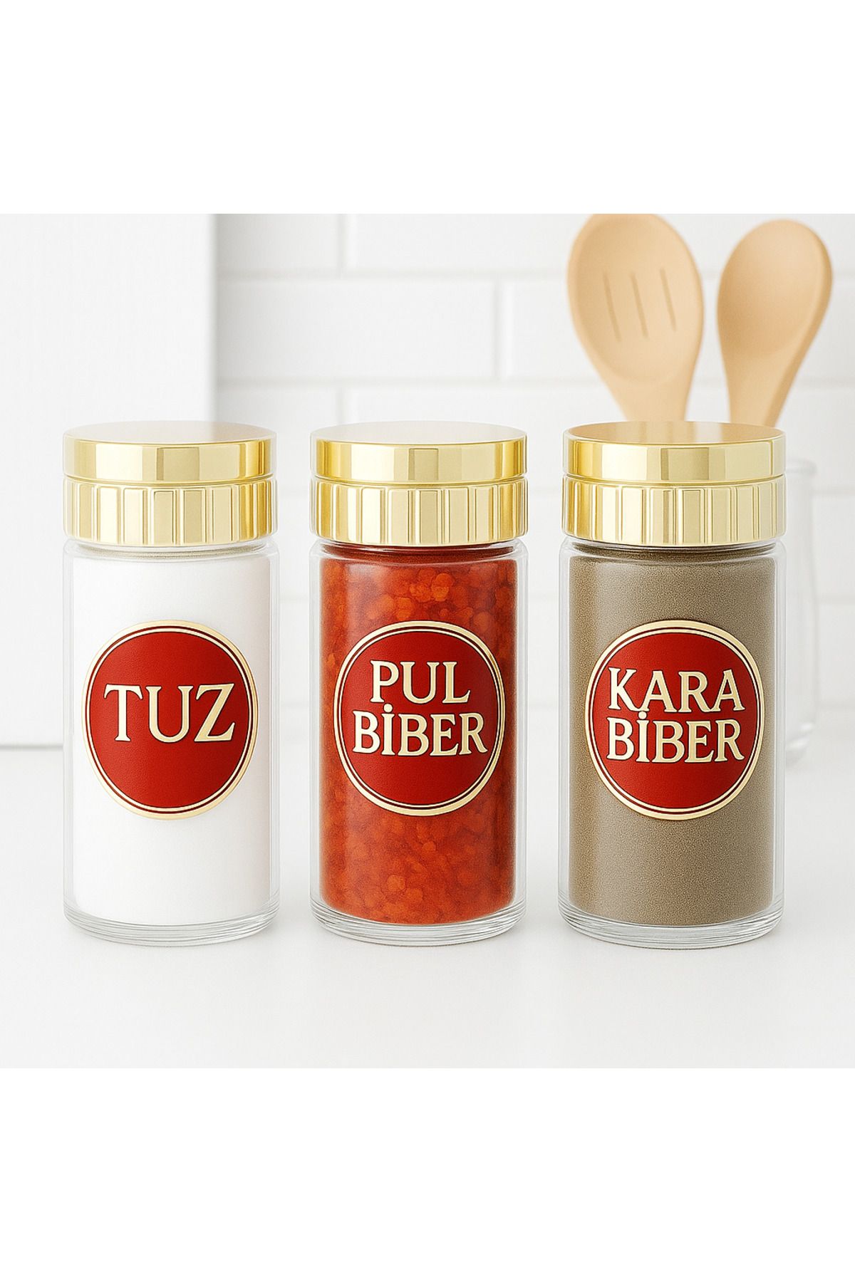 KOREAClasy 3 Lü Tuz Karabiber Pul Biber Gold Kabartma Etiketli Cam Tuzluk Baharatlık