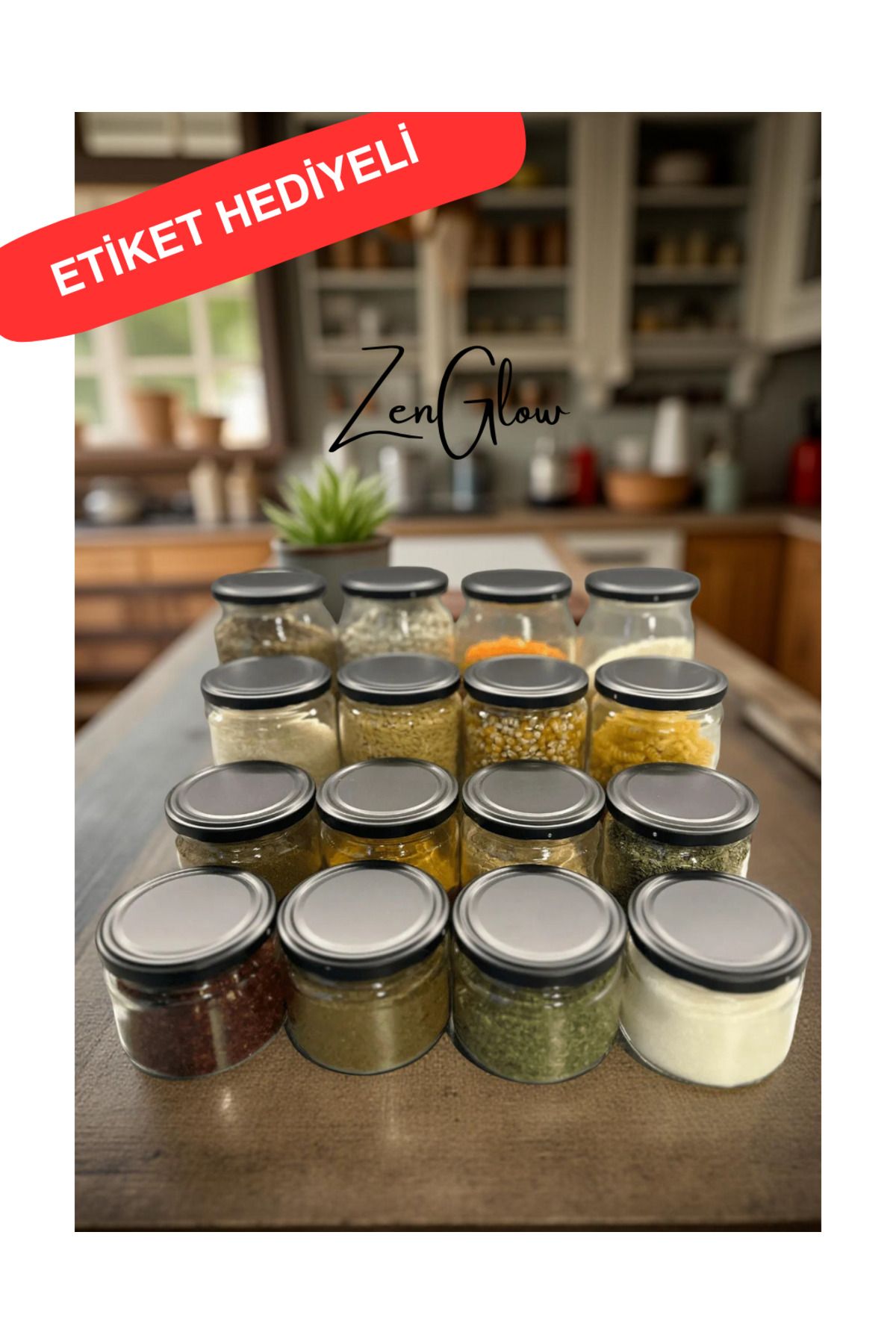 ZenGlow Siyah Metal Kapaklı Cam 12'li Lüx Baharat Takımı 300 ml Etiket Hediyeli
