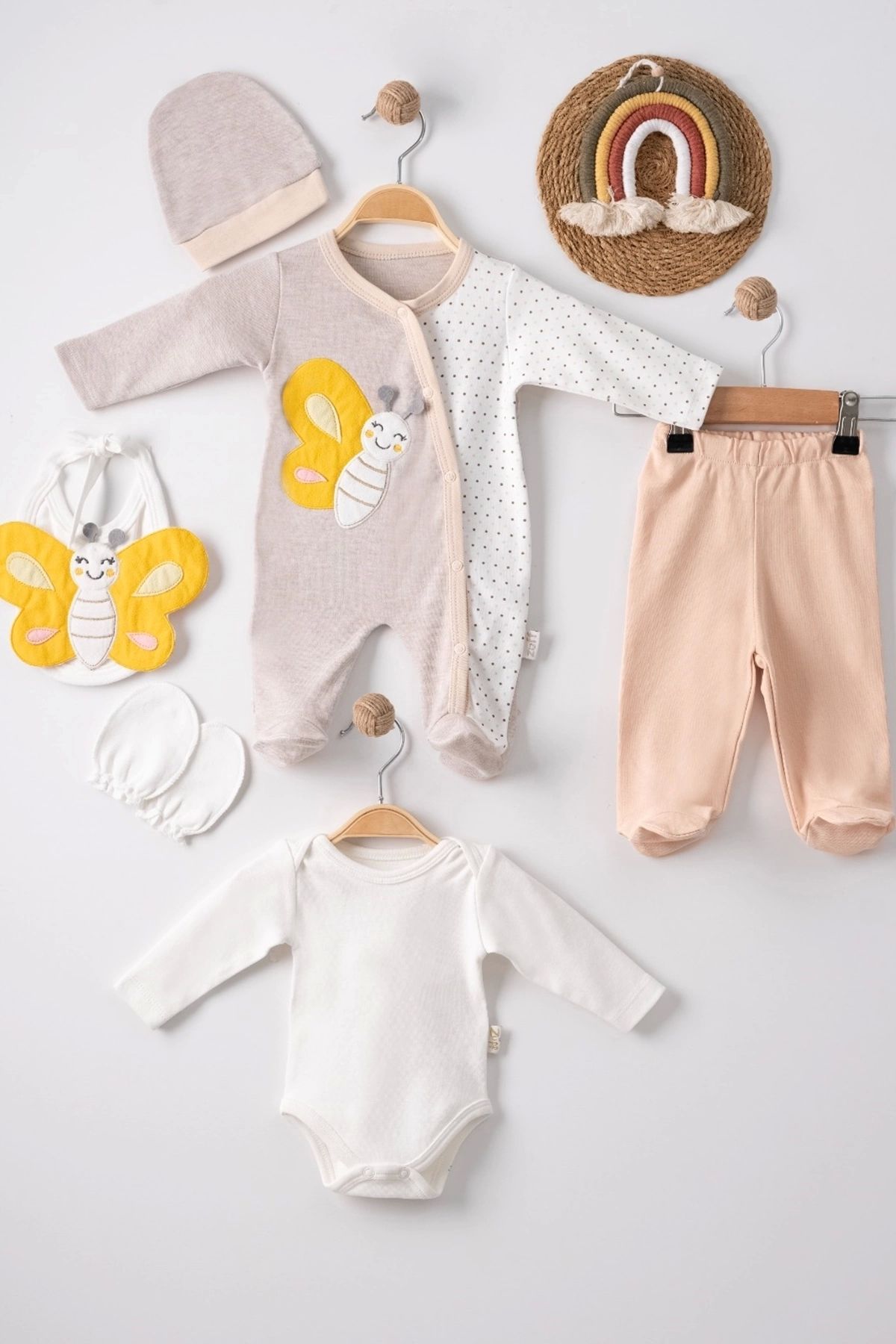 candar 3 Ay Kelebek Nakışlı Tulum Erkek Bebek 5'li Set Kahverengi