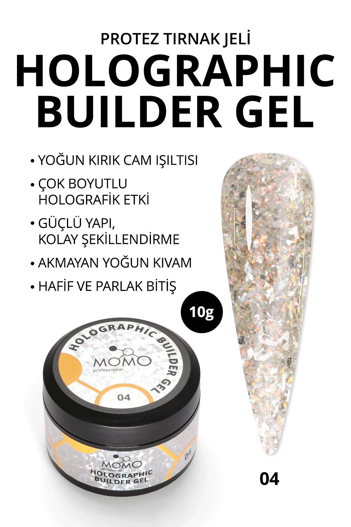 MOMO professional Holographic Builder Gel, Nail Art için Protez Tırnak Jeli No.04, Glitter Sarı Simli, 10 gr