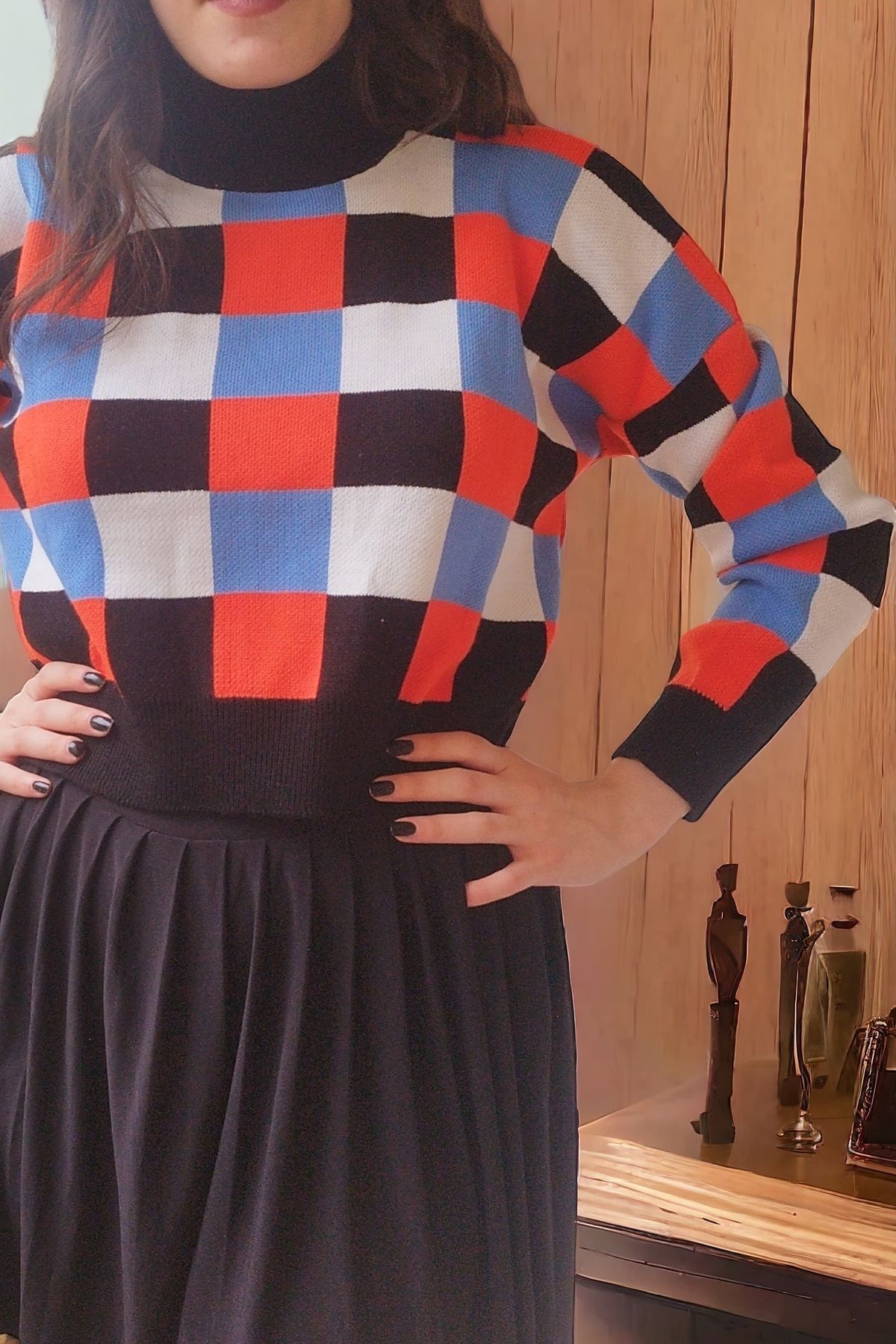 Aslında Look-Long Sleeve Knitwear Sweater - Checkered Pattern and Checked - Make Images Reference - Add Elegance to Your Elegance 3