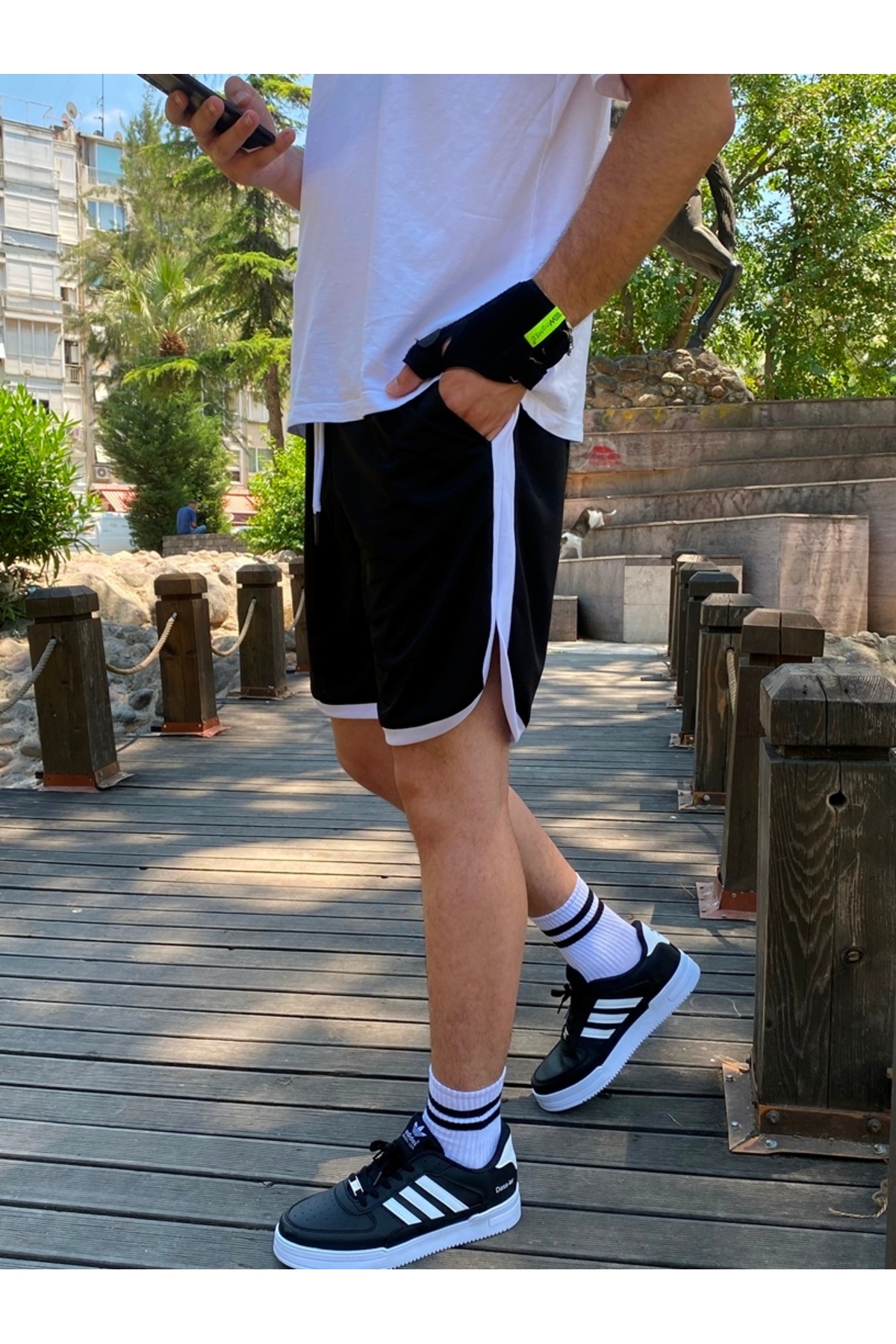 Relax family xf  Erkek Siyah Çizgili Günlük Penye Şort Basketbol Futbol Fitness Spor Egzersizi Koşu Bermuda - Görsel 5