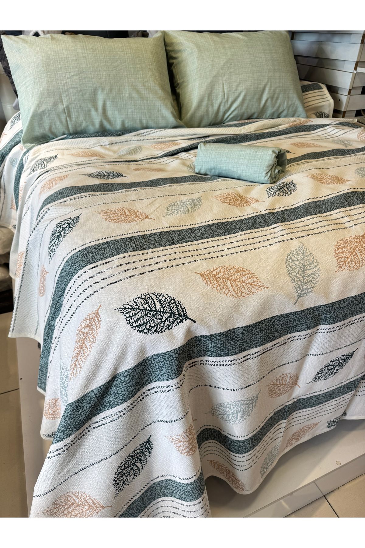 ŞENER HOME-Leaf Patterned Sheet Elastic Single Pique Set 3