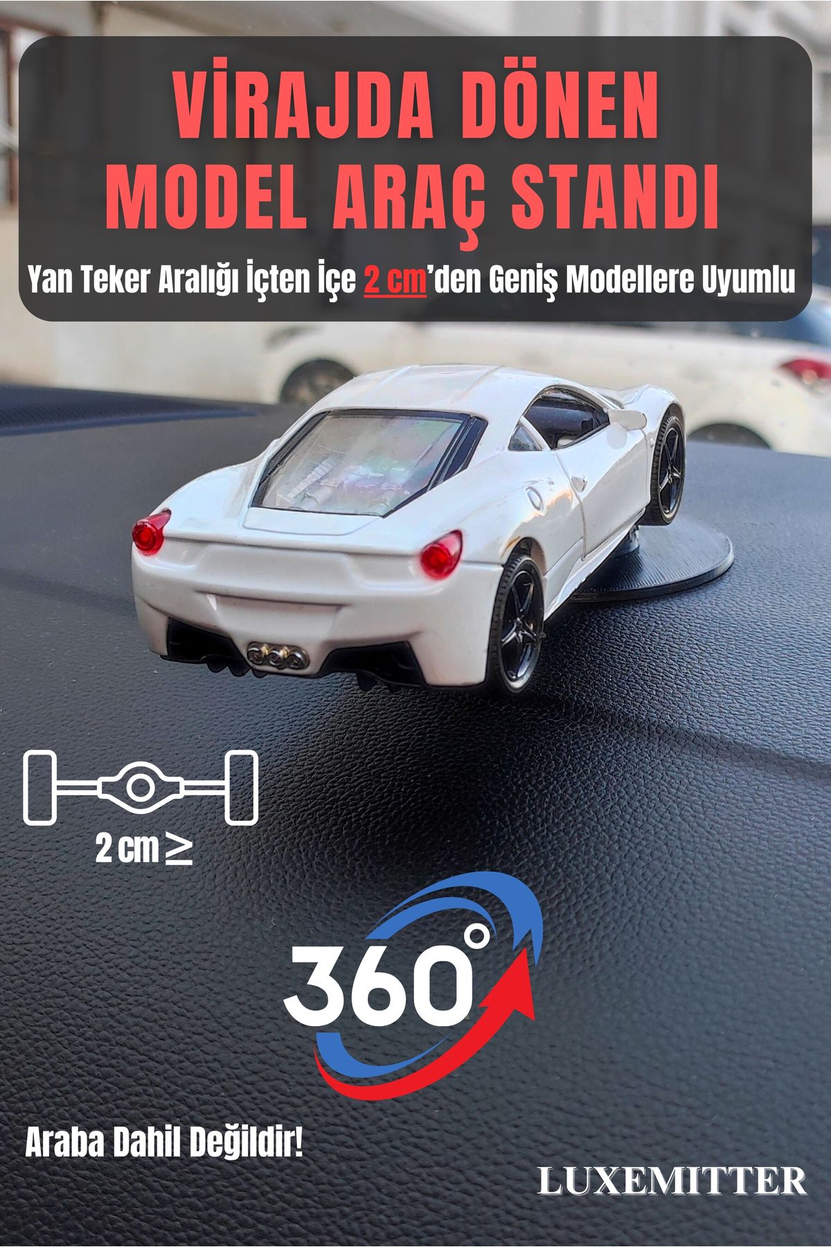 Luxemitter 360 Derece Dönen Diecast Oyuncak Model Araba Standı Araç Içi Hareketli Torpido Aksesuar Oto Süsü