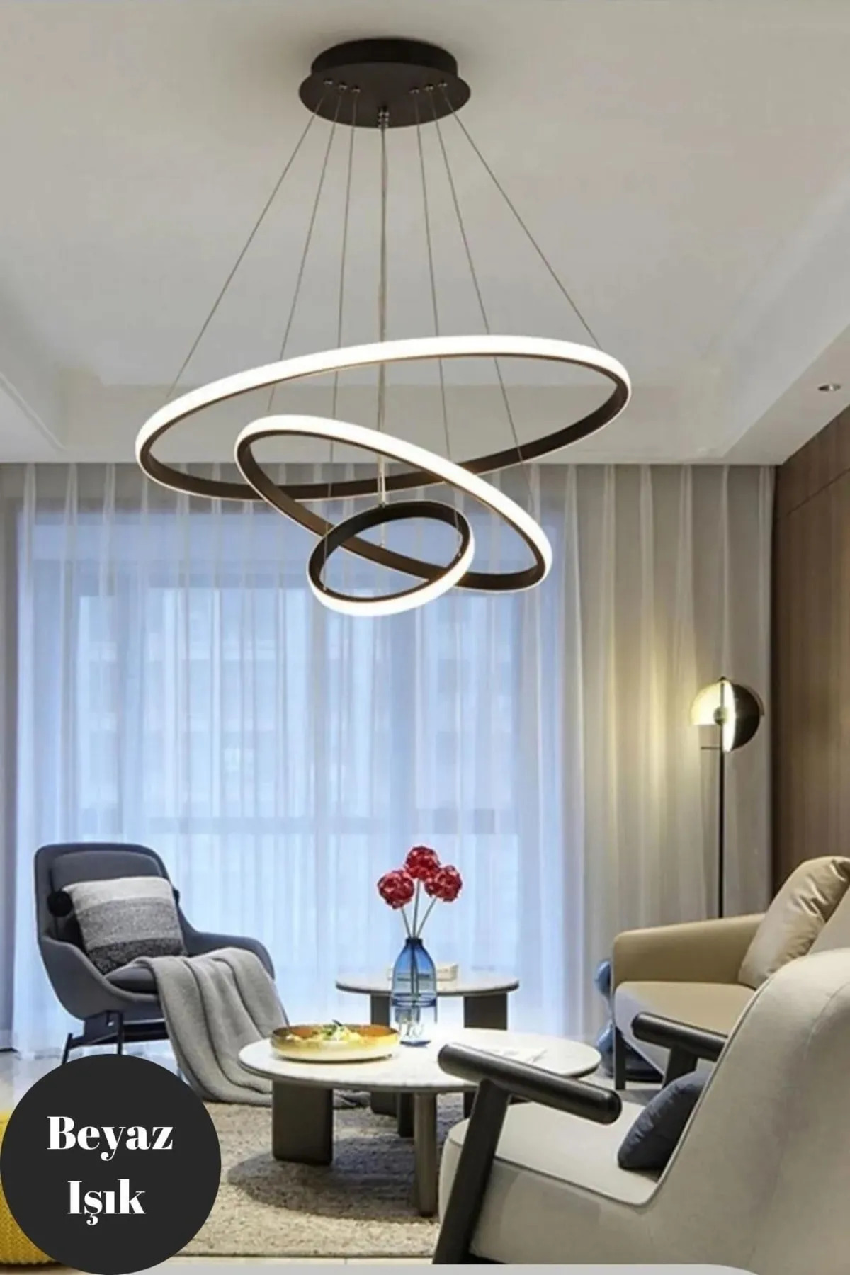 Ece Aydınlatma Frieza Led Chandelier, Black Case, 3 Rings, for Hall, Living Room and Bedroom