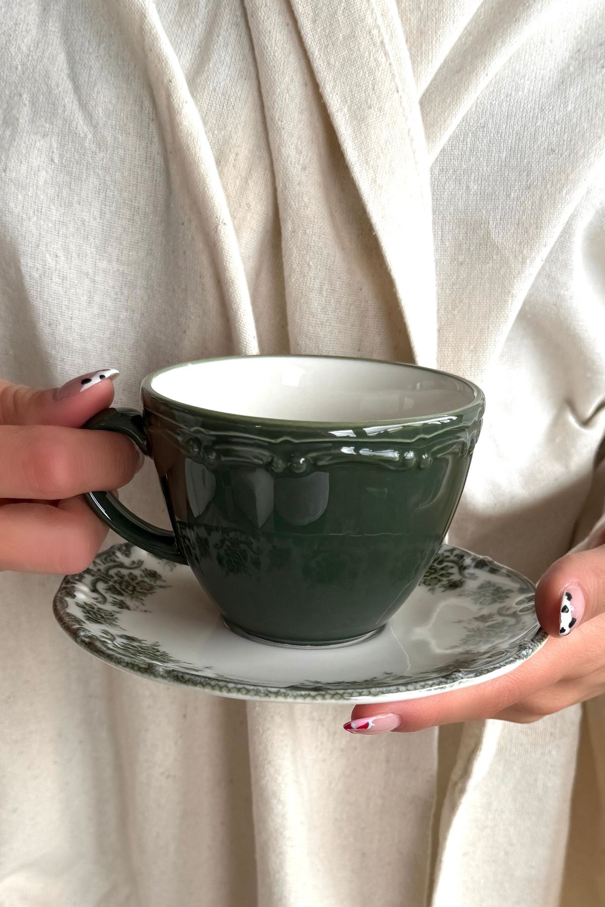 porselenden Antique Green 2 Kişilik 4 Parça Porselen Çay Fincanı Takımı 200 cc Yeşil Çiçek Desenli