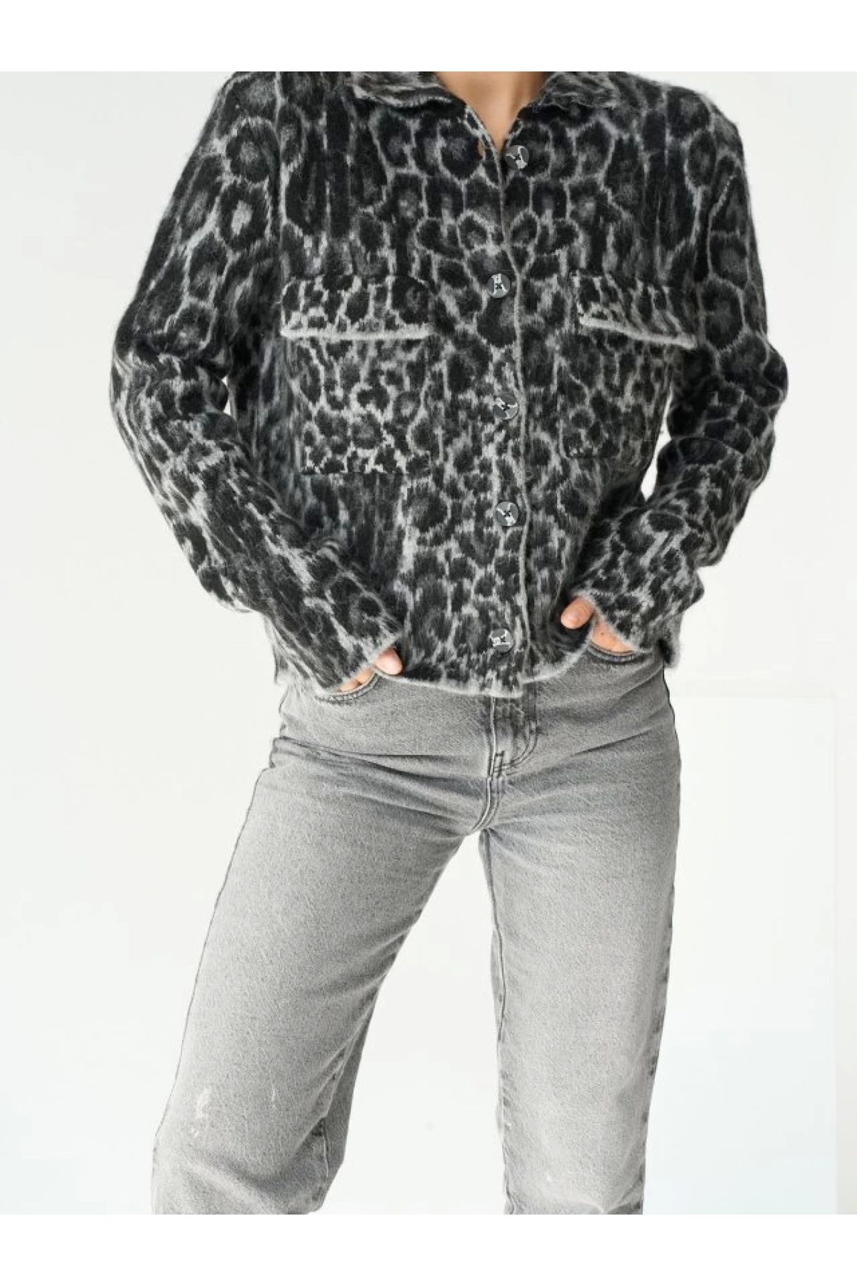 POLEXP Leopar Desenli Jakar Hırka - Trendy Siyah ve Gri