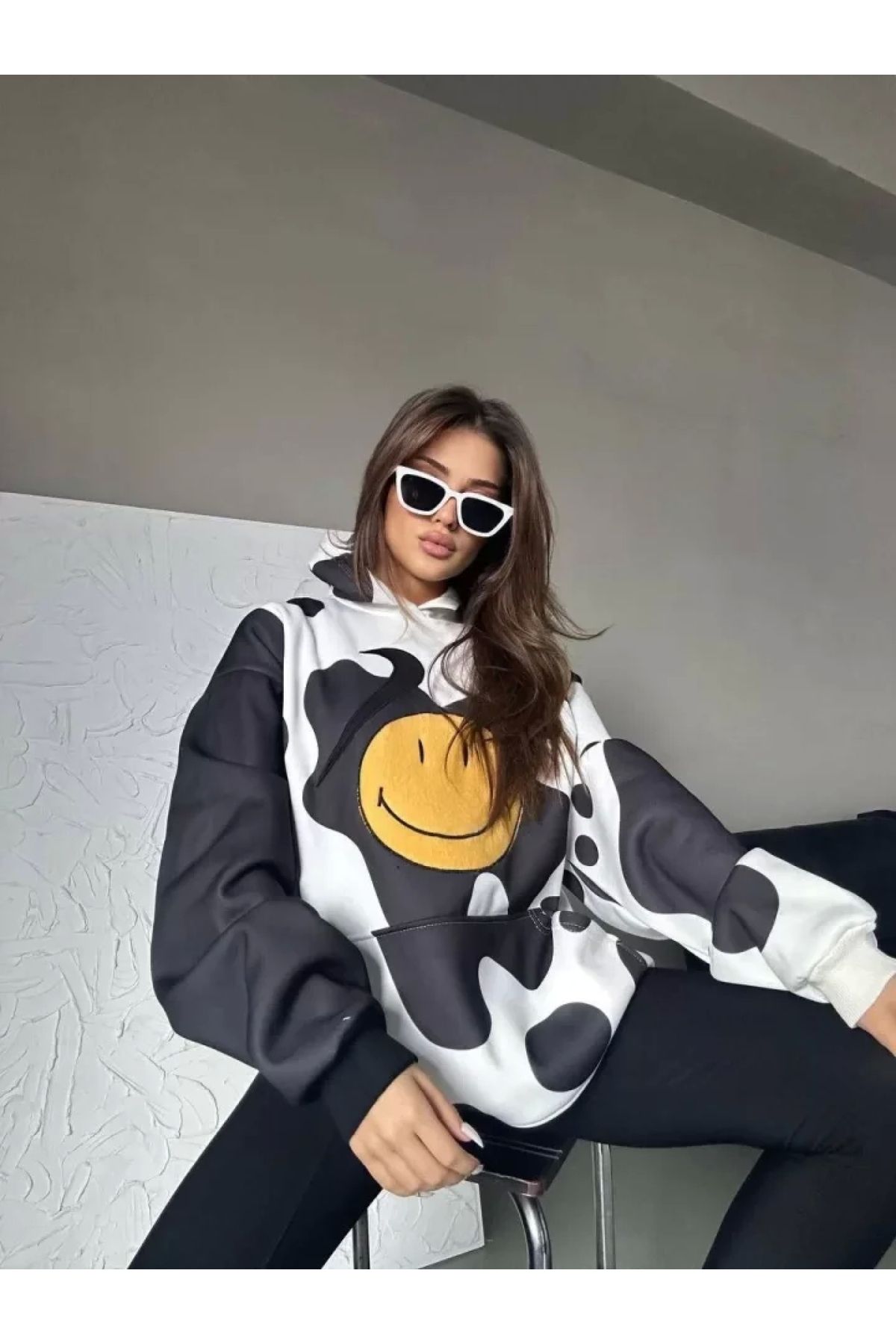 POLEXP Siyah Kapüşonlu Smiley Face Sweatshirt