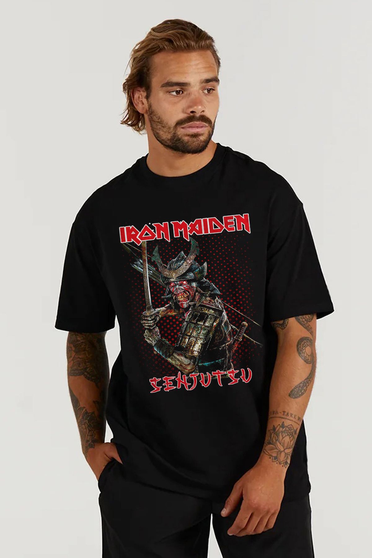 MODA iron maiden Senjutsu Baskılı Oversize Kalıp Siyah Geniş Bol Kesim Erkek Tişört