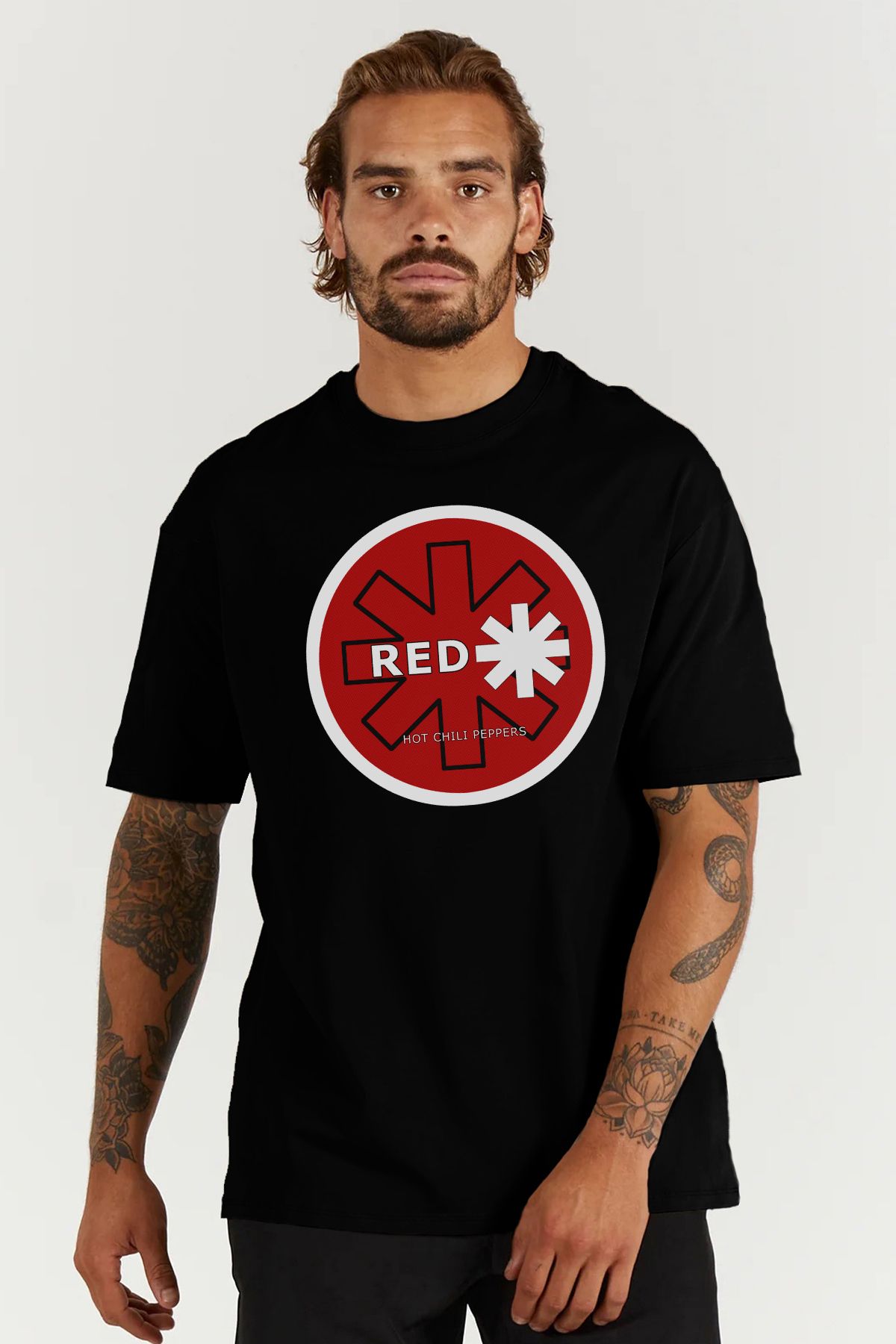 MODA Red Hot Chili Peppers Baskılı Oversize Kalıp Siyah Geniş Bol Kesim Erkek Tişört