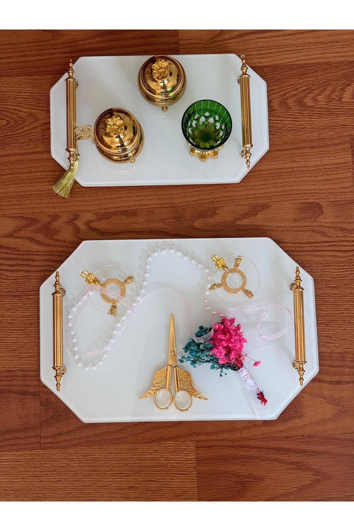 MODERN Beyaz İkili Altıgen Söz Tepsi Nişan Tepsi Damat Kahve Tepsi