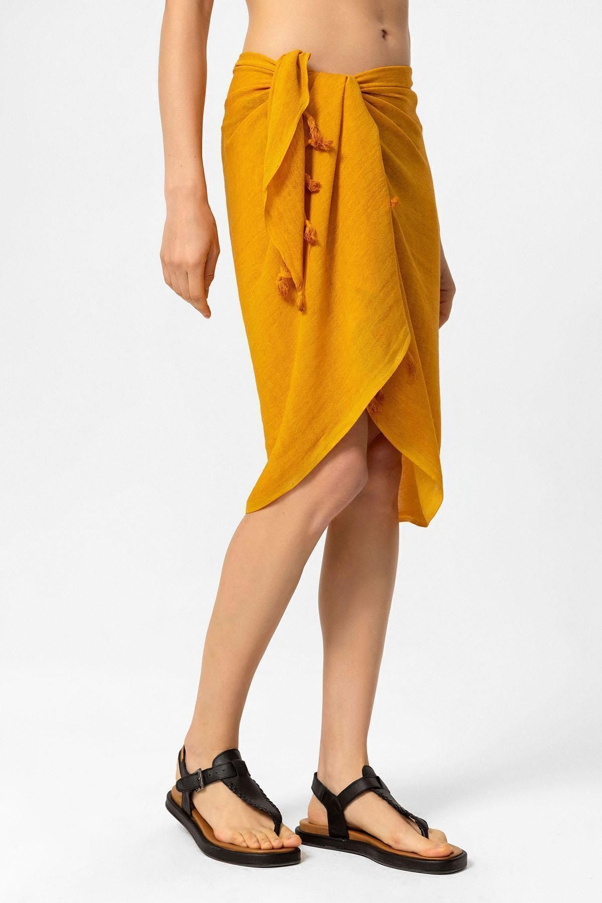 Deriderim-Dark Yellow Şile Cloth Tassel Detailed Waist Tie Summer Beach Cotton Pareo 3