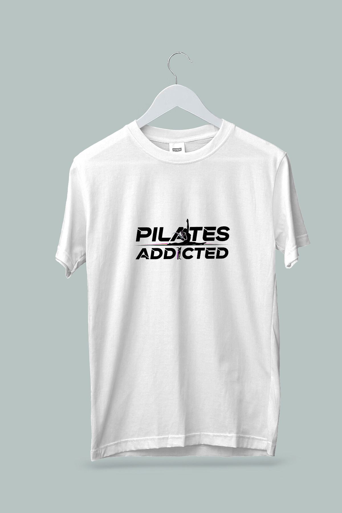 Maki Home Kadın Erkek Unisex Yetişkin Pilates Addicted Baskılı Beyaz Gri Tshirt