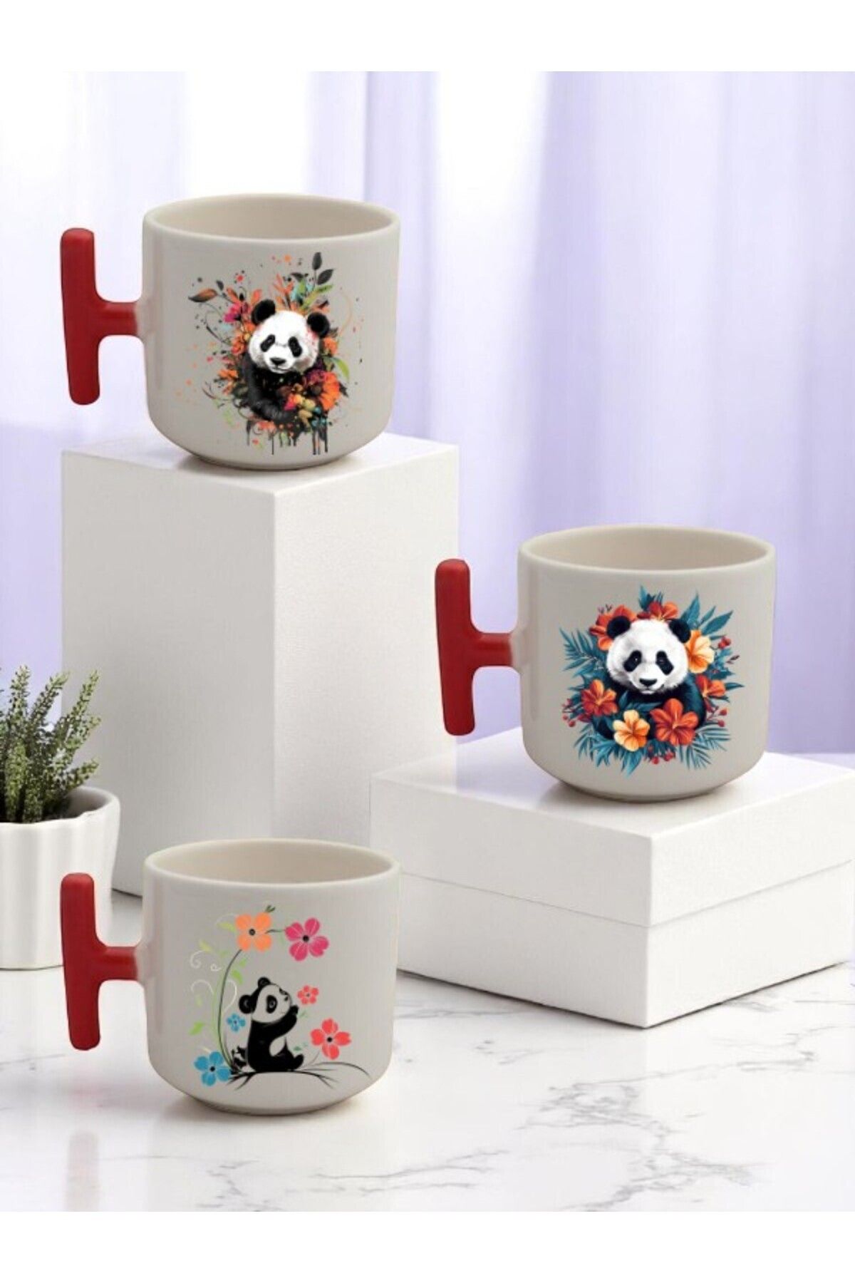 lili hediyelik Çiçek ve Panda Baskılı 3'lü Kırmızı Kulplu Seramik Kupa Bardak